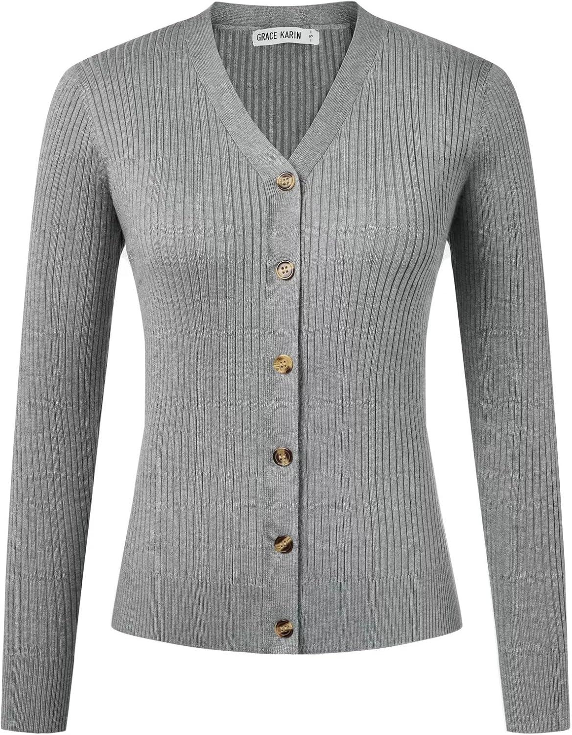 imageGRACE KARIN Womens Long Sleeve V Neck Button Up Cardigan Sweater Trendy Ribbed Knit Open Front Casual JacketFlower Grey