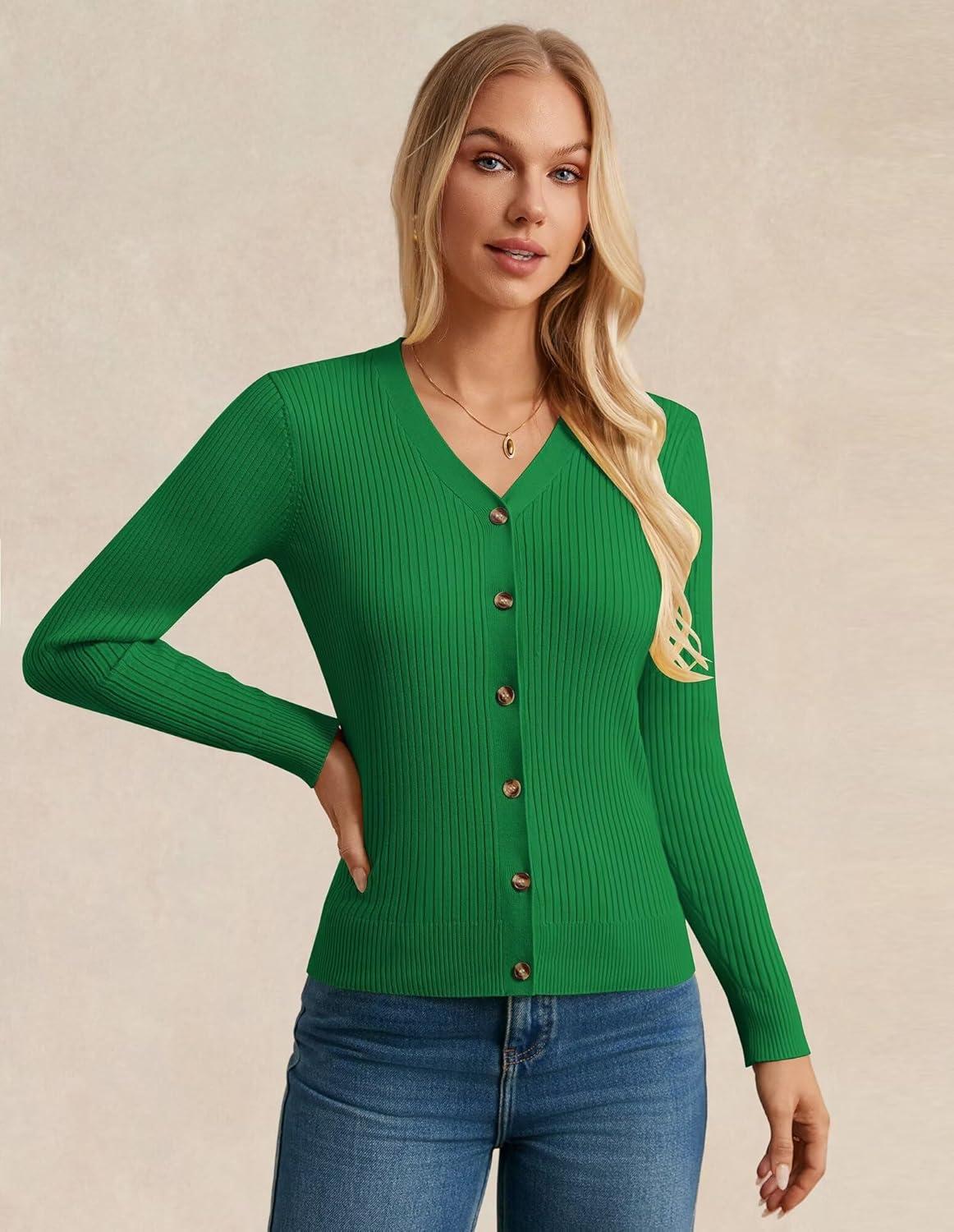 imageGRACE KARIN Womens Long Sleeve V Neck Button Up Cardigan Sweater Trendy Ribbed Knit Open Front Casual JacketGreen