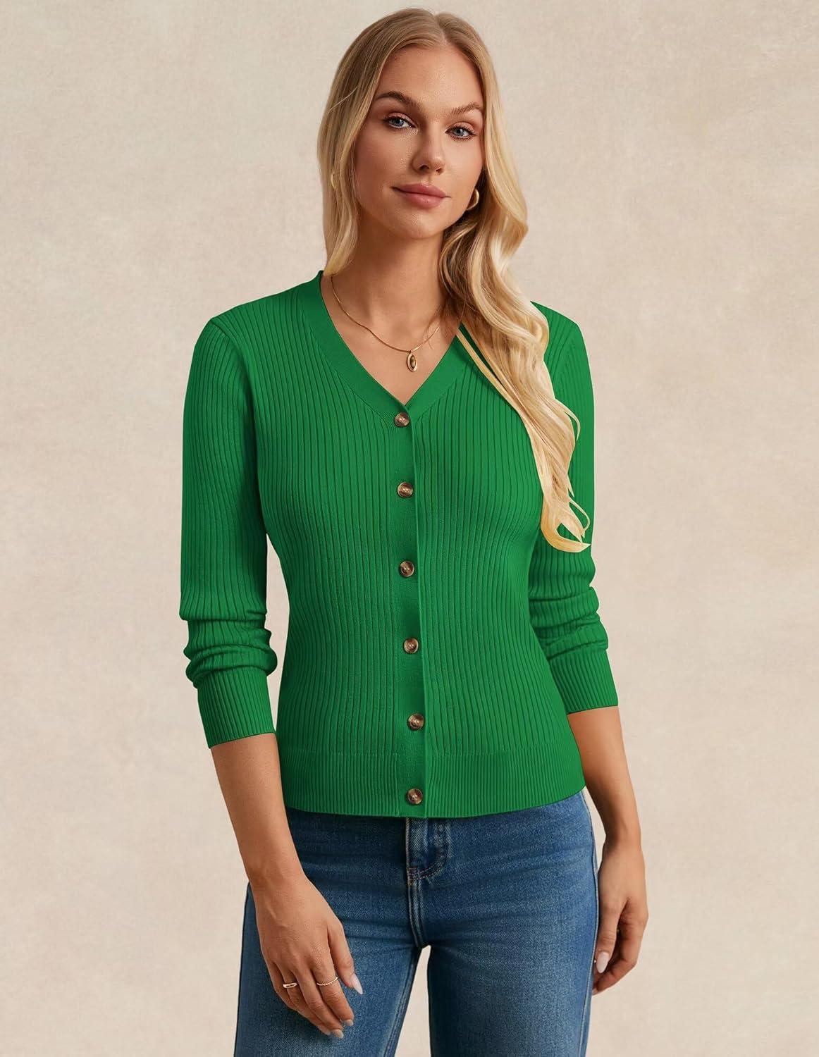 imageGRACE KARIN Womens Long Sleeve V Neck Button Up Cardigan Sweater Trendy Ribbed Knit Open Front Casual JacketGreen