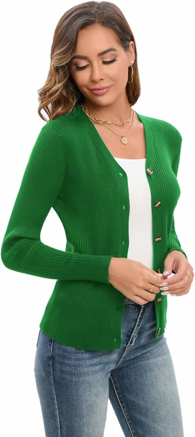 imageGRACE KARIN Womens Long Sleeve V Neck Button Up Cardigan Sweater Trendy Ribbed Knit Open Front Casual JacketGreen