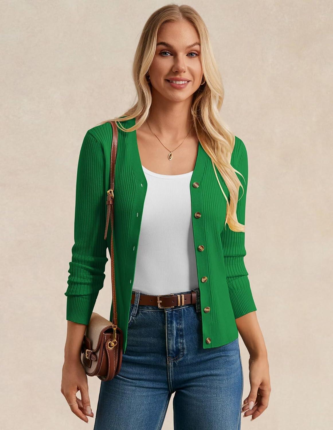 imageGRACE KARIN Womens Long Sleeve V Neck Button Up Cardigan Sweater Trendy Ribbed Knit Open Front Casual JacketGreen