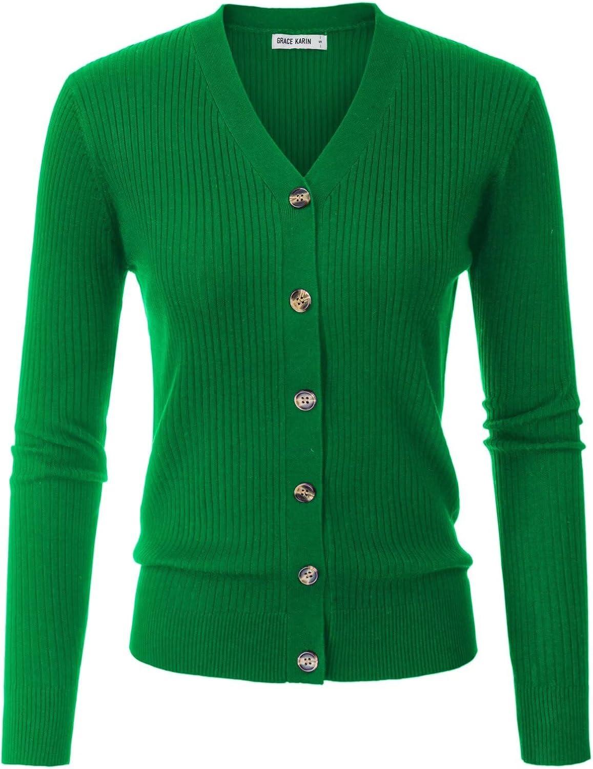 imageGRACE KARIN Womens Long Sleeve V Neck Button Up Cardigan Sweater Trendy Ribbed Knit Open Front Casual JacketGreen