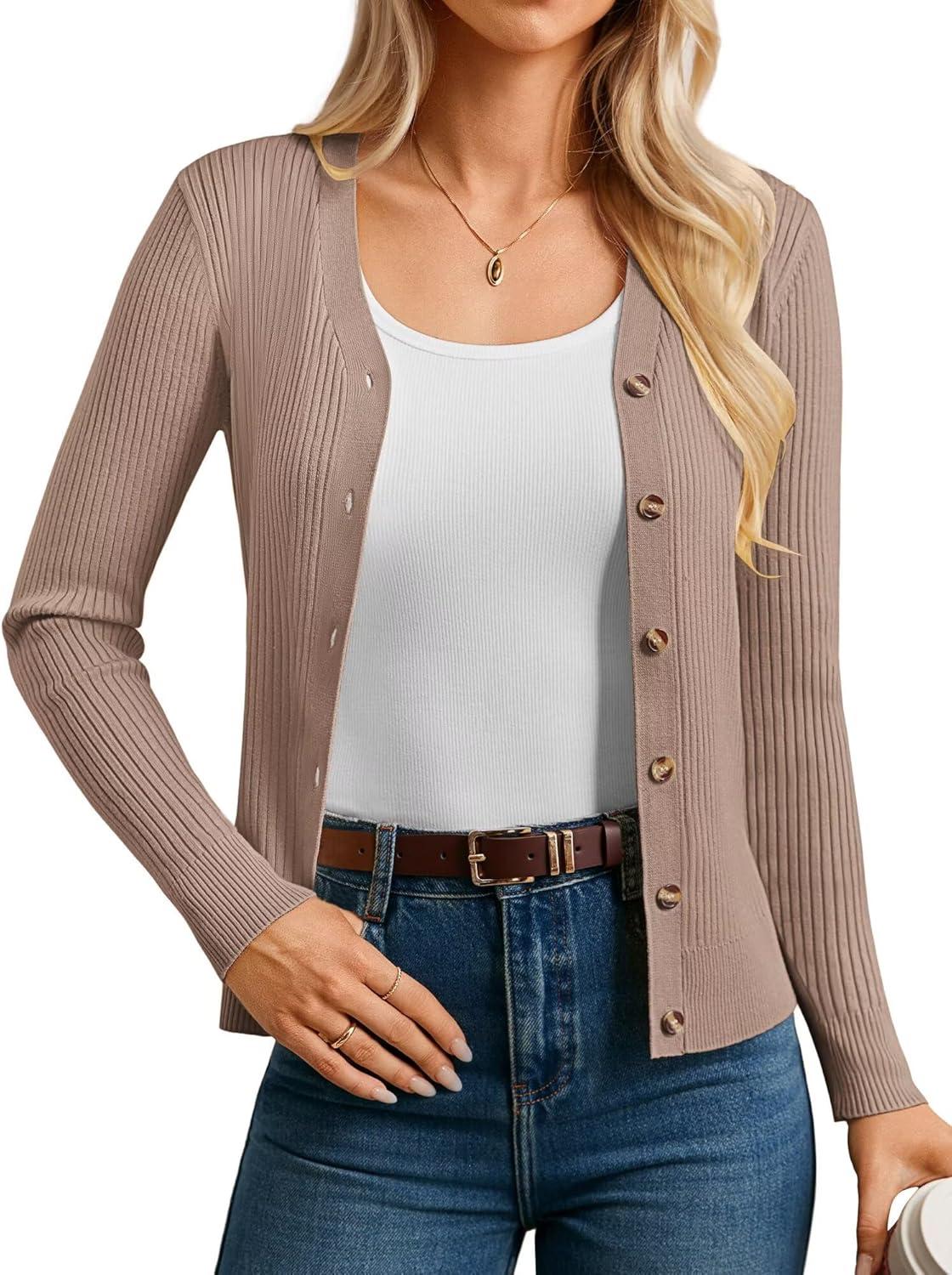 imageGRACE KARIN Womens Long Sleeve V Neck Button Up Cardigan Sweater Trendy Ribbed Knit Open Front Casual JacketMid Khaki