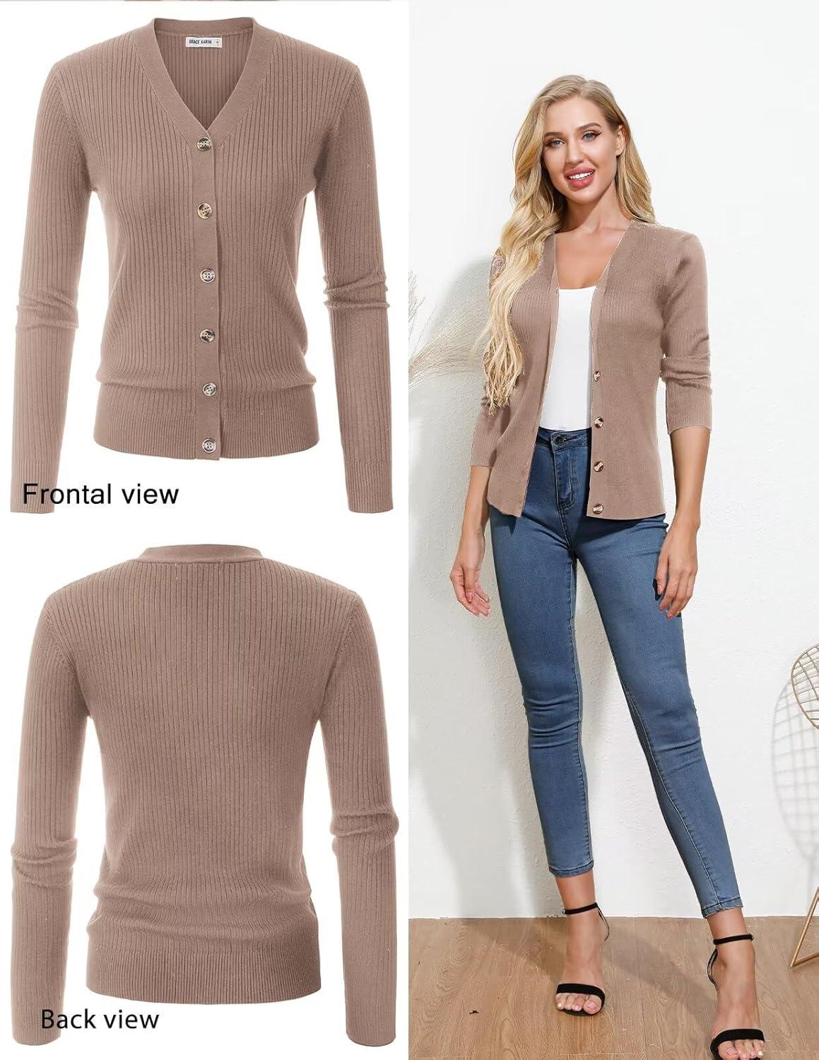imageGRACE KARIN Womens Long Sleeve V Neck Button Up Cardigan Sweater Trendy Ribbed Knit Open Front Casual JacketMid Khaki