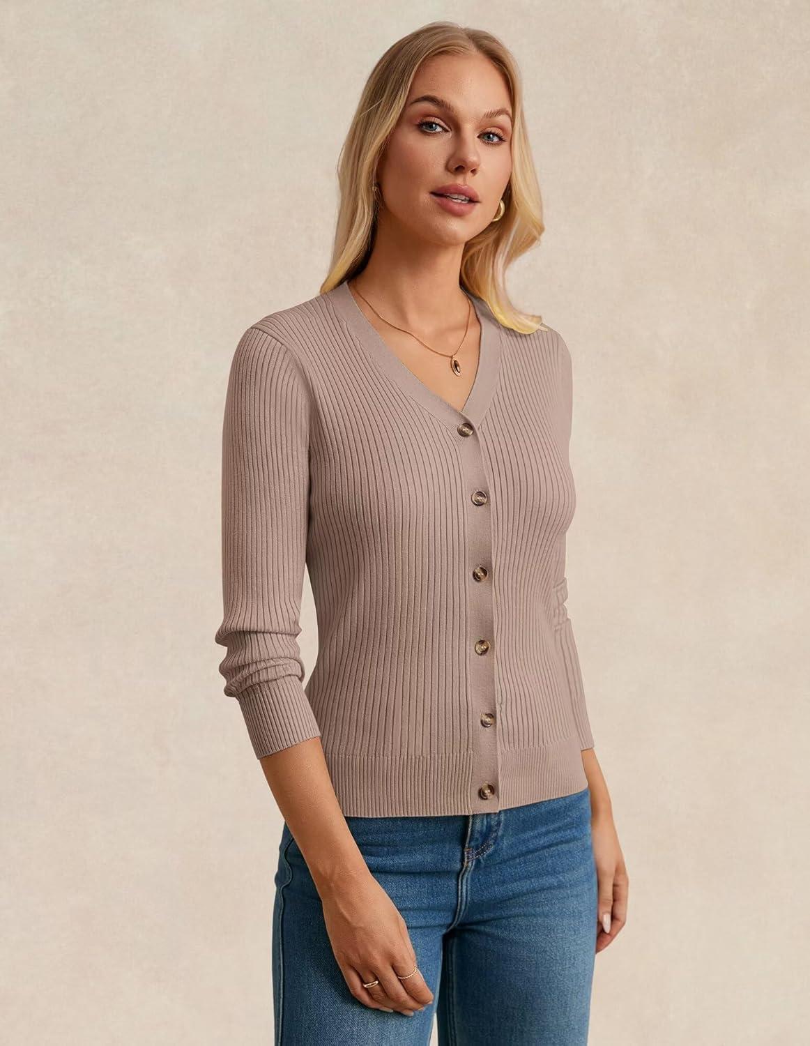 imageGRACE KARIN Womens Long Sleeve V Neck Button Up Cardigan Sweater Trendy Ribbed Knit Open Front Casual JacketMid Khaki