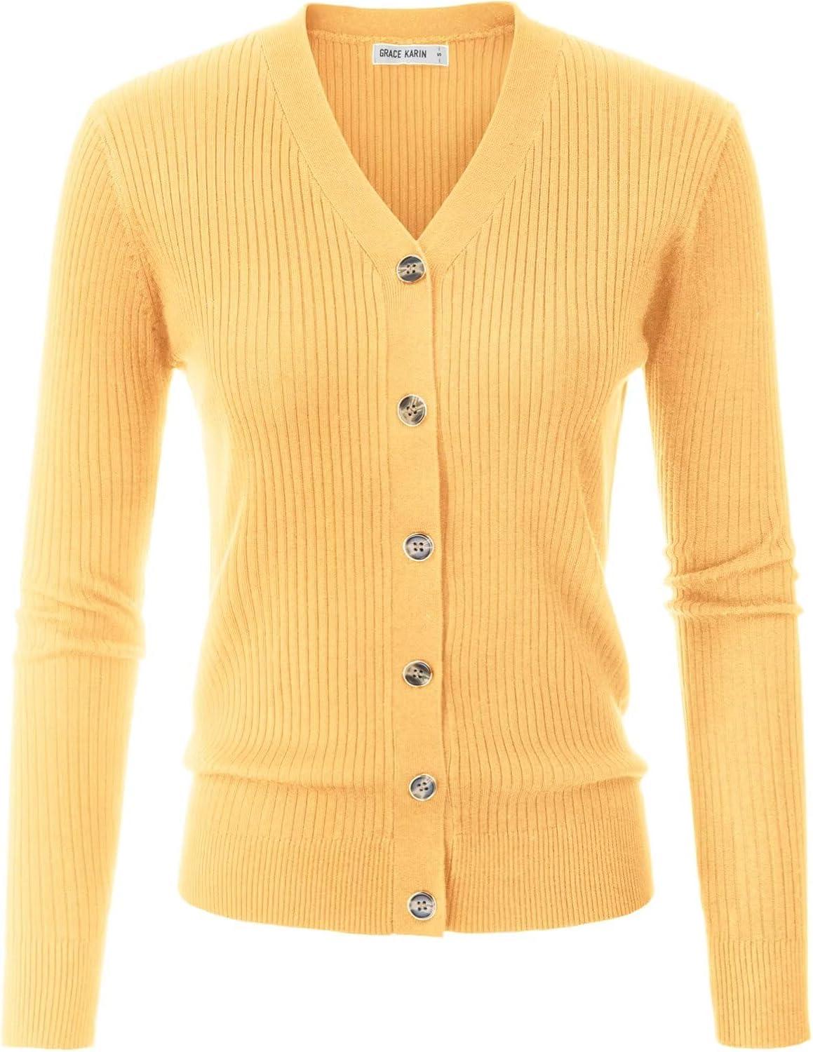 imageGRACE KARIN Womens Long Sleeve V Neck Button Up Cardigan Sweater Trendy Ribbed Knit Open Front Casual JacketMid Yellow