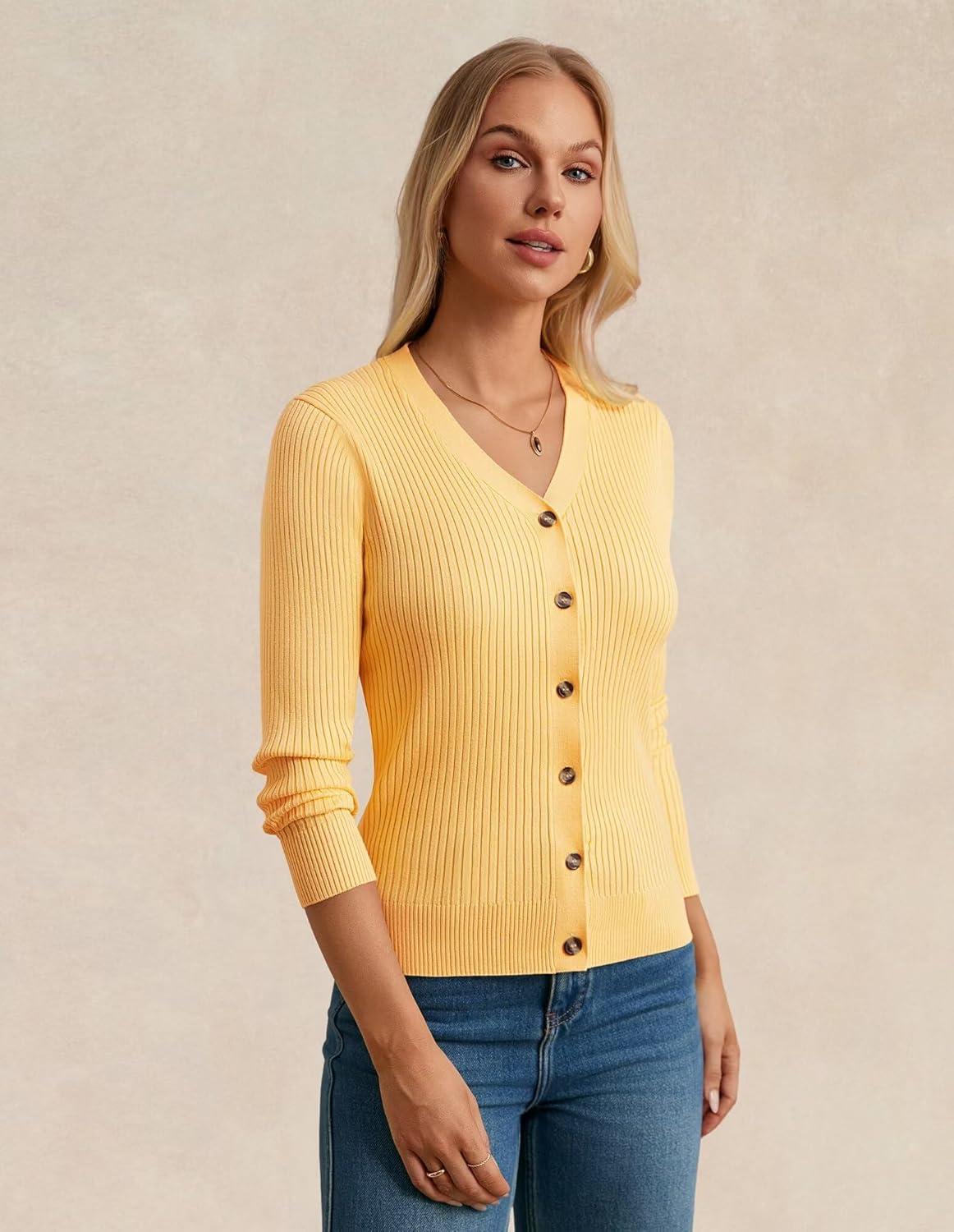 imageGRACE KARIN Womens Long Sleeve V Neck Button Up Cardigan Sweater Trendy Ribbed Knit Open Front Casual JacketMid Yellow
