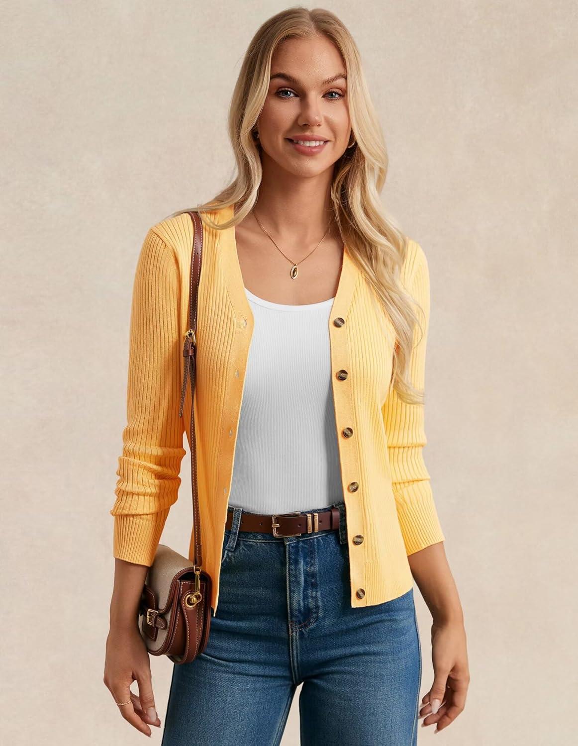 imageGRACE KARIN Womens Long Sleeve V Neck Button Up Cardigan Sweater Trendy Ribbed Knit Open Front Casual JacketMid Yellow