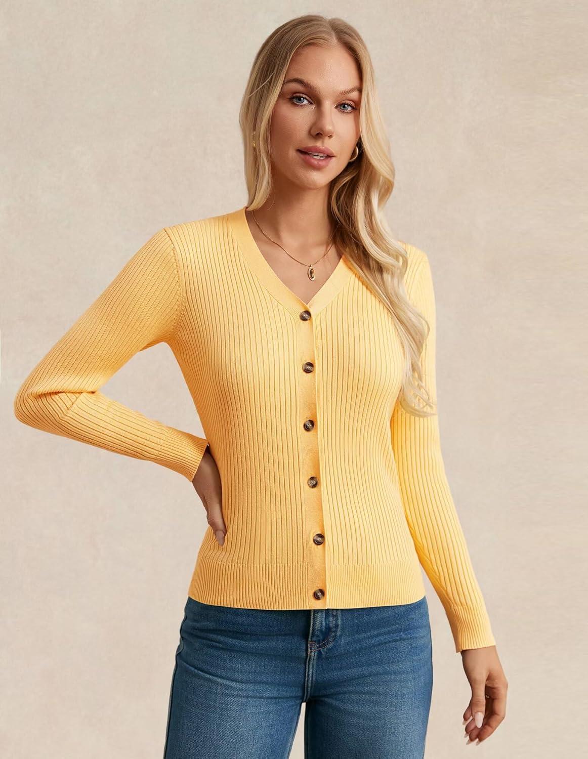imageGRACE KARIN Womens Long Sleeve V Neck Button Up Cardigan Sweater Trendy Ribbed Knit Open Front Casual JacketMid Yellow