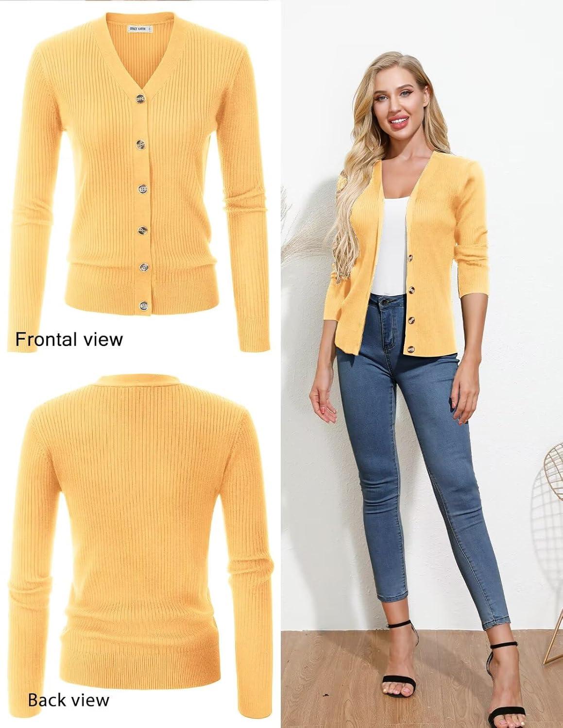 imageGRACE KARIN Womens Long Sleeve V Neck Button Up Cardigan Sweater Trendy Ribbed Knit Open Front Casual JacketMid Yellow