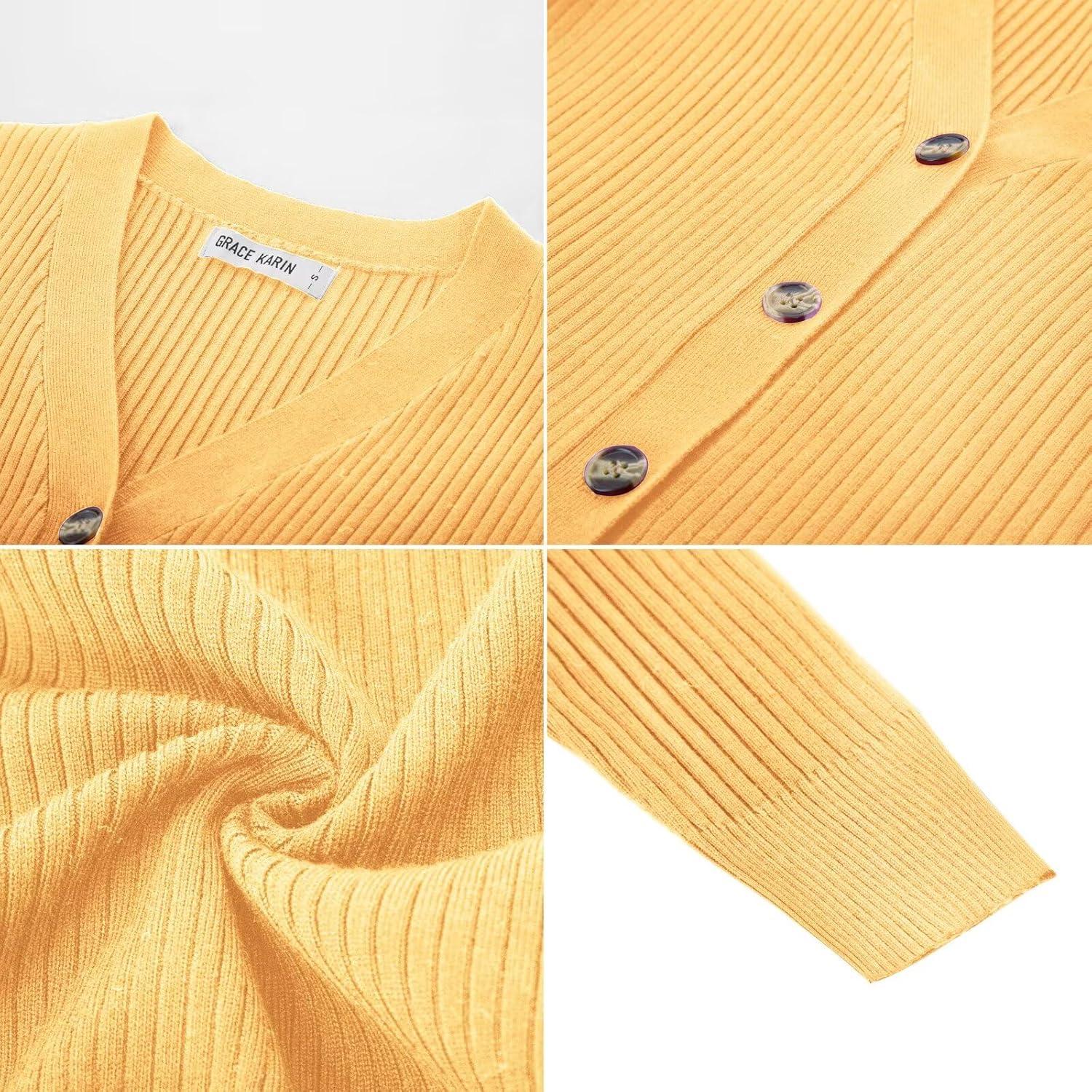 imageGRACE KARIN Womens Long Sleeve V Neck Button Up Cardigan Sweater Trendy Ribbed Knit Open Front Casual JacketMid Yellow