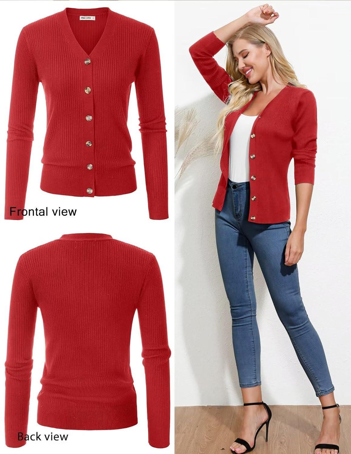 imageGRACE KARIN Womens Long Sleeve V Neck Button Up Cardigan Sweater Trendy Ribbed Knit Open Front Casual JacketRed