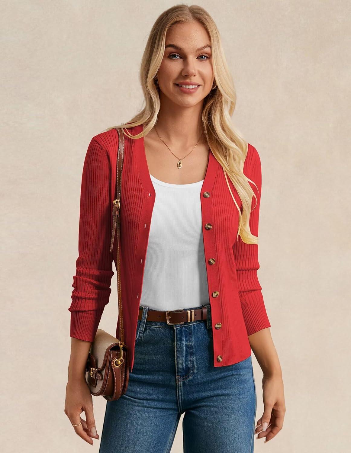 imageGRACE KARIN Womens Long Sleeve V Neck Button Up Cardigan Sweater Trendy Ribbed Knit Open Front Casual JacketRed