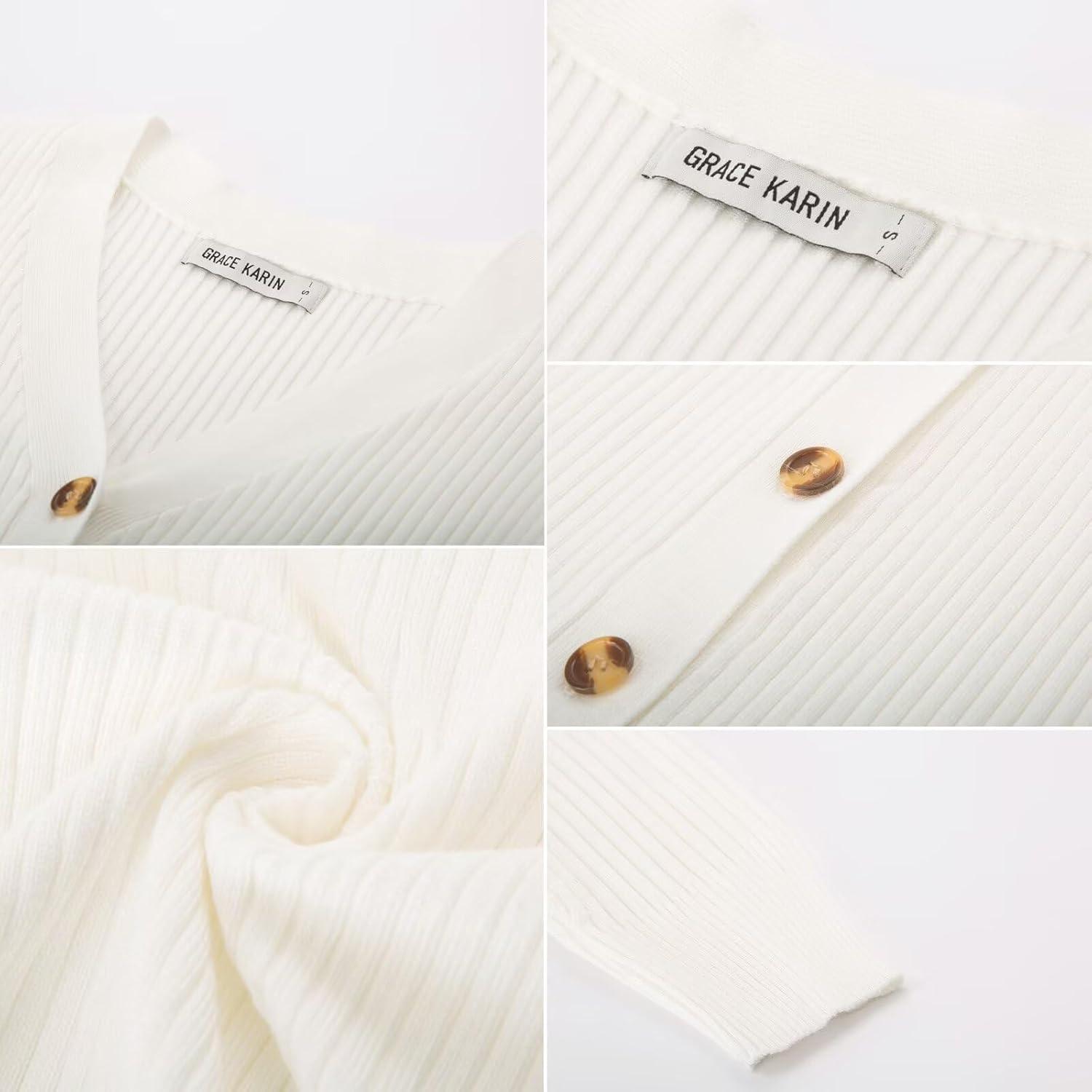 imageGRACE KARIN Womens Long Sleeve V Neck Button Up Cardigan Sweater Trendy Ribbed Knit Open Front Casual JacketWhite