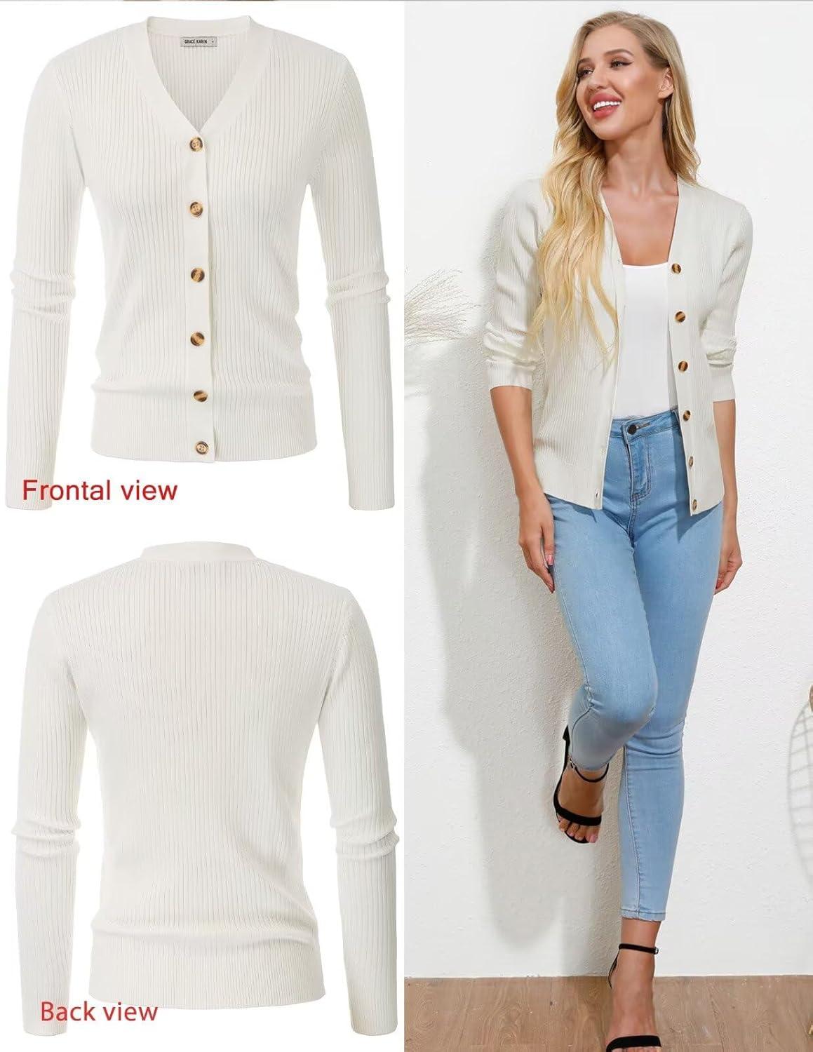 imageGRACE KARIN Womens Long Sleeve V Neck Button Up Cardigan Sweater Trendy Ribbed Knit Open Front Casual JacketWhite