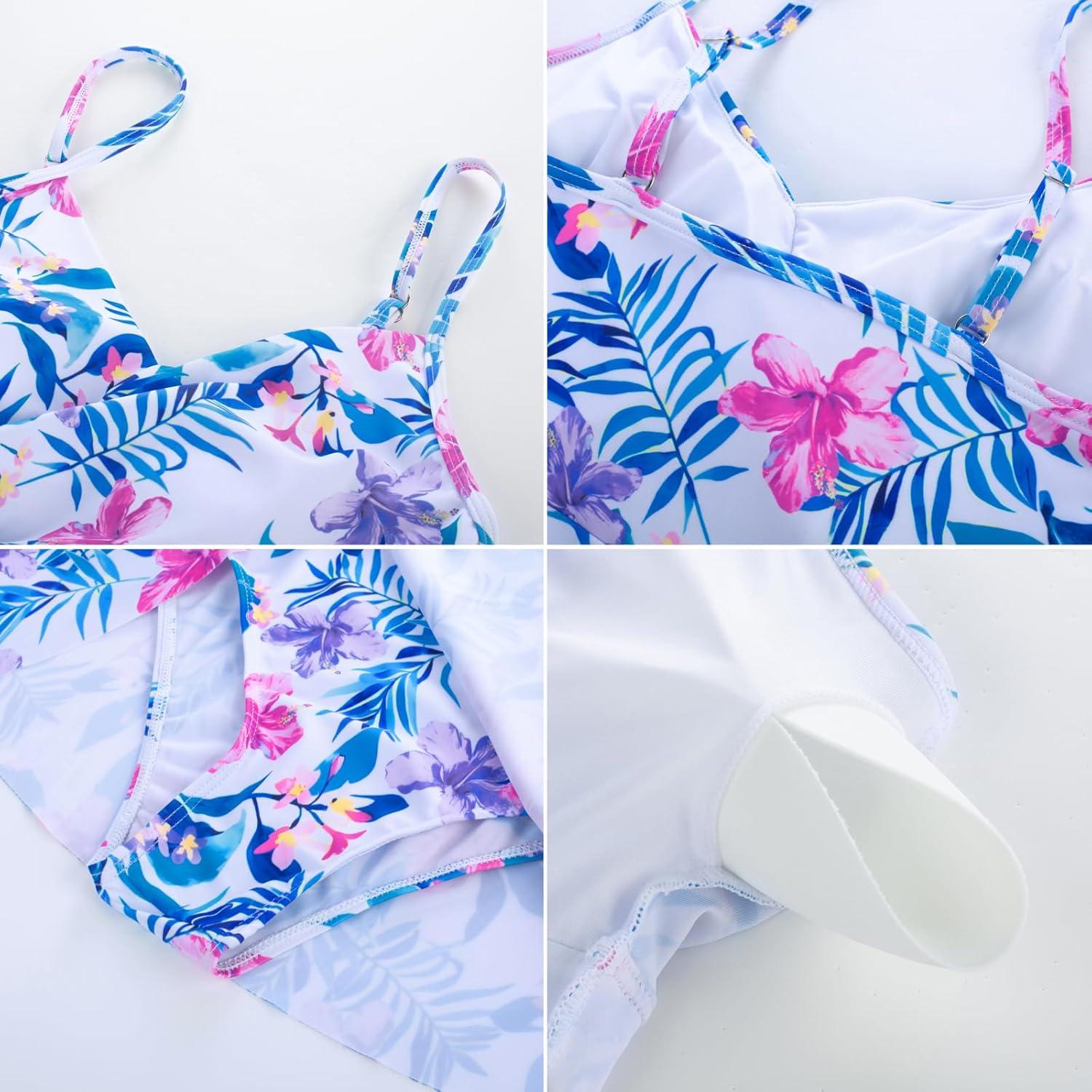 imageGRACE KARIN Womens One Piece Swim Dress V Neck Tummy Control Swimsuit Vacation Beachwear Bathing SuitWhiteblue Floral