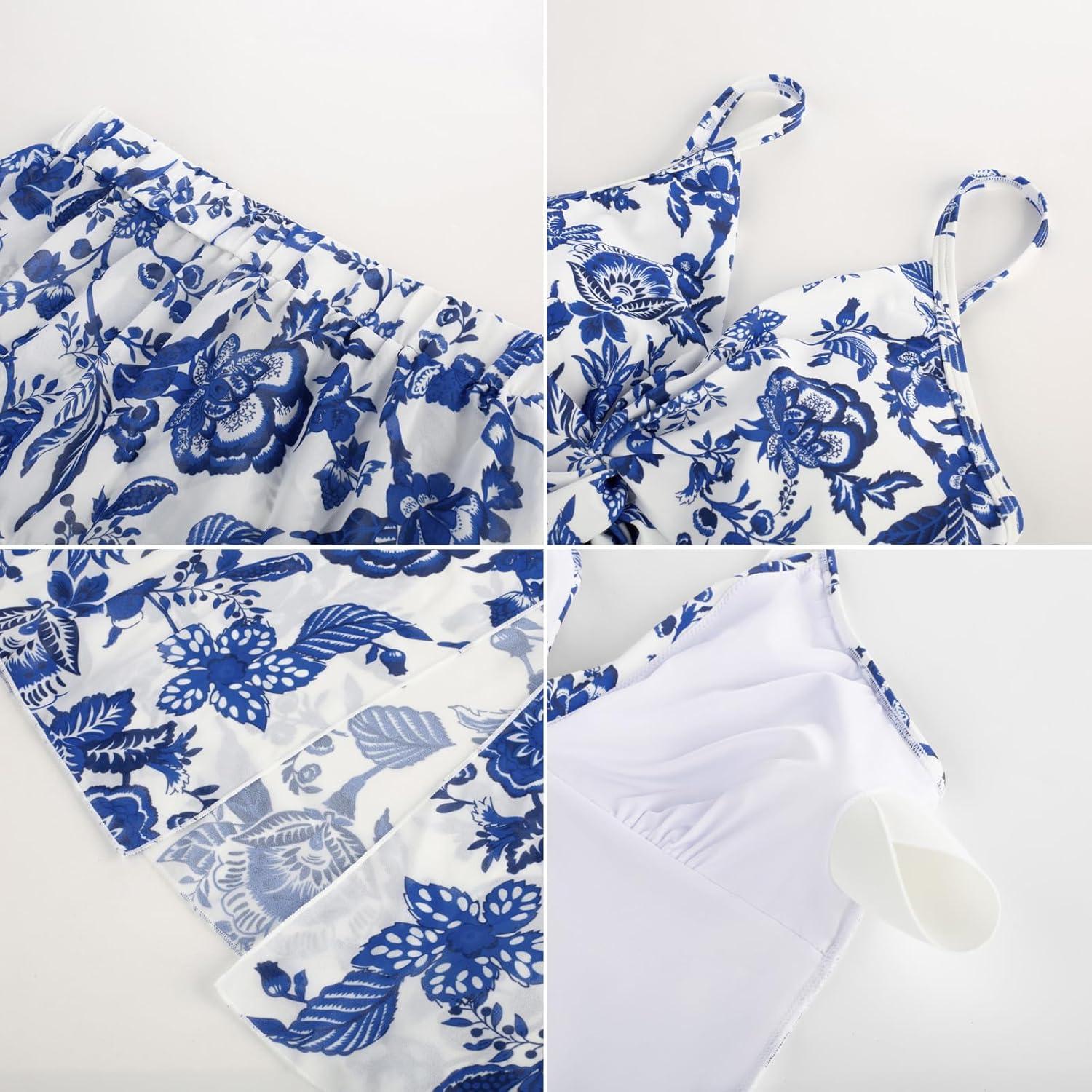 imageGRACE KARIN Womens One Piece Swimsuits with Cover Up Skirt Tummy Control V Neck Bathing SuitsBlue White Floral
