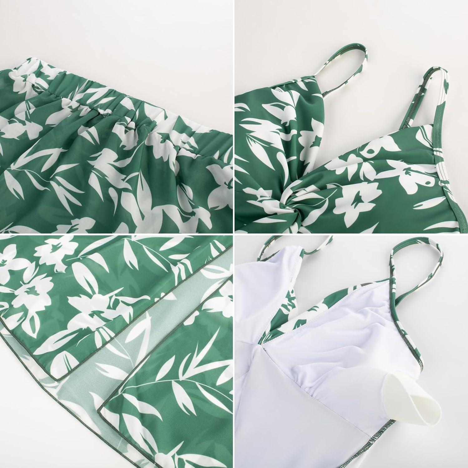 imageGRACE KARIN Womens One Piece Swimsuits with Cover Up Skirt Tummy Control V Neck Bathing SuitsGreen Floral