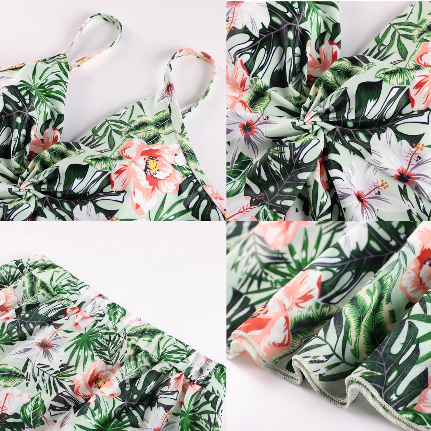 imageGRACE KARIN Womens One Piece Swimsuits with Cover Up Skirt Tummy Control V Neck Bathing SuitsGreen Leaf Floral