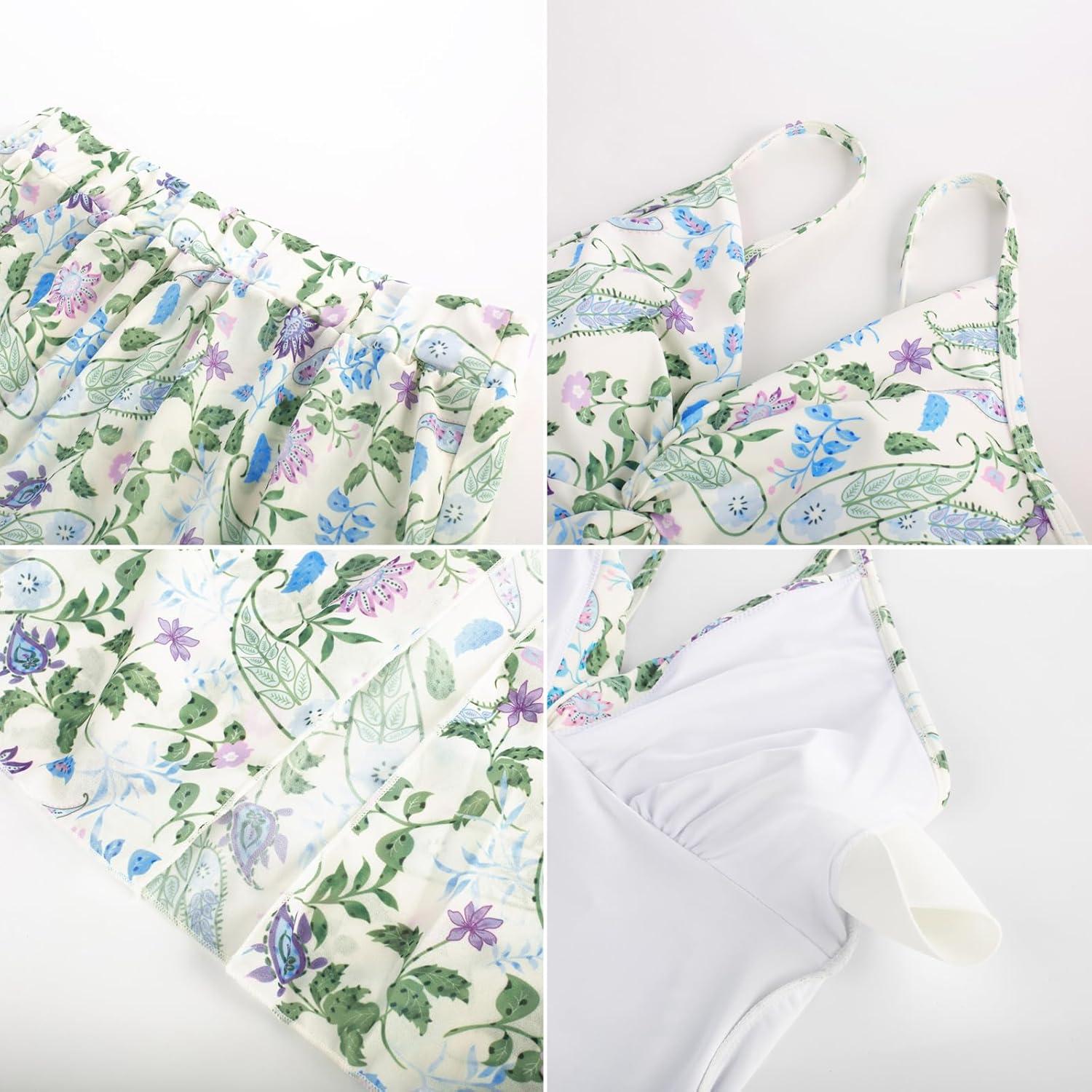 imageGRACE KARIN Womens One Piece Swimsuits with Cover Up Skirt Tummy Control V Neck Bathing SuitsLight Green Floral