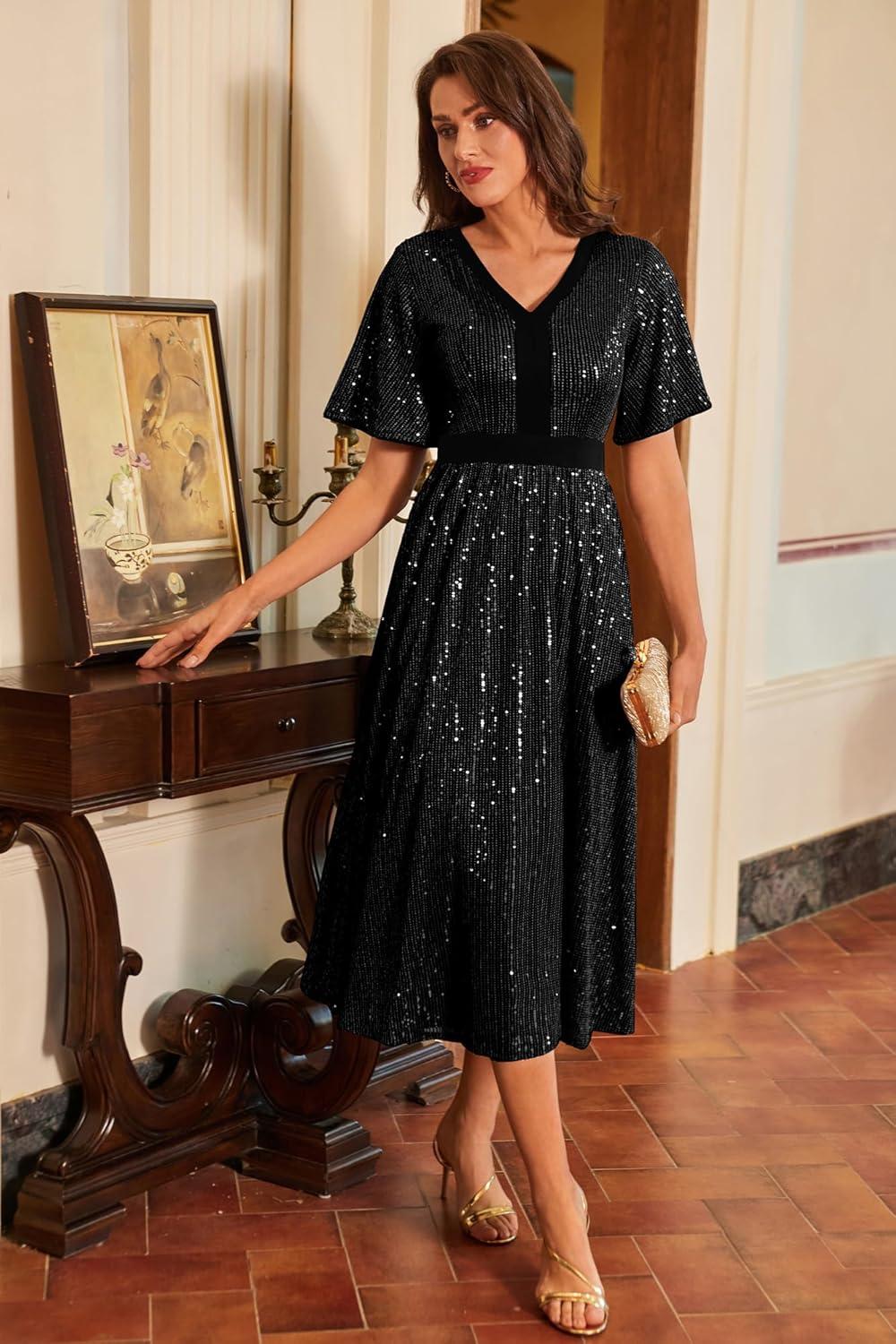 imageGRACE KARIN Womens Sequin V Neck Ruffle Sleeve Empire Waist Sparkly Glitter A Line Cocktail Formal DressesBlack
