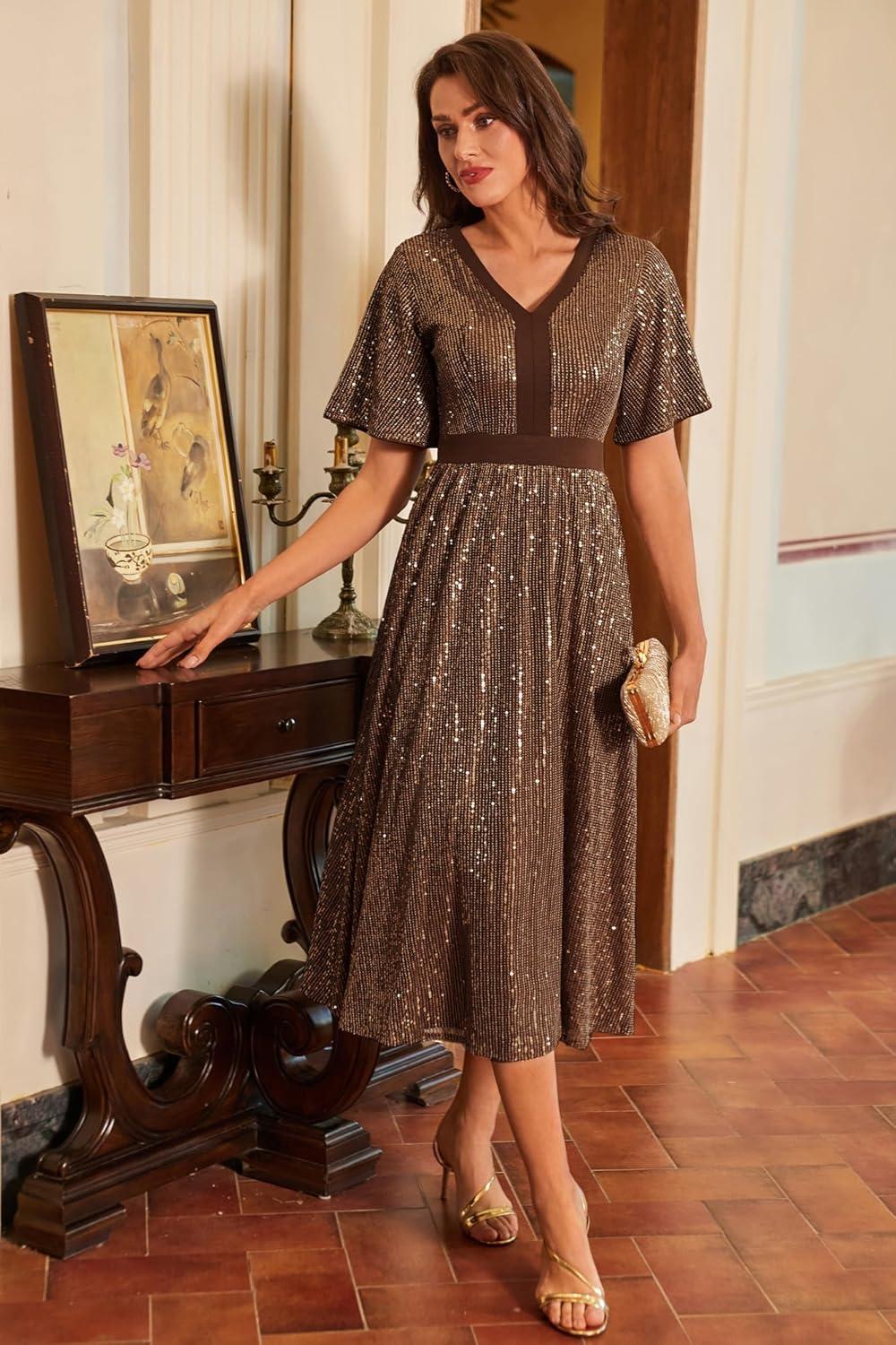 imageGRACE KARIN Womens Sequin V Neck Ruffle Sleeve Empire Waist Sparkly Glitter A Line Cocktail Formal DressesBrown