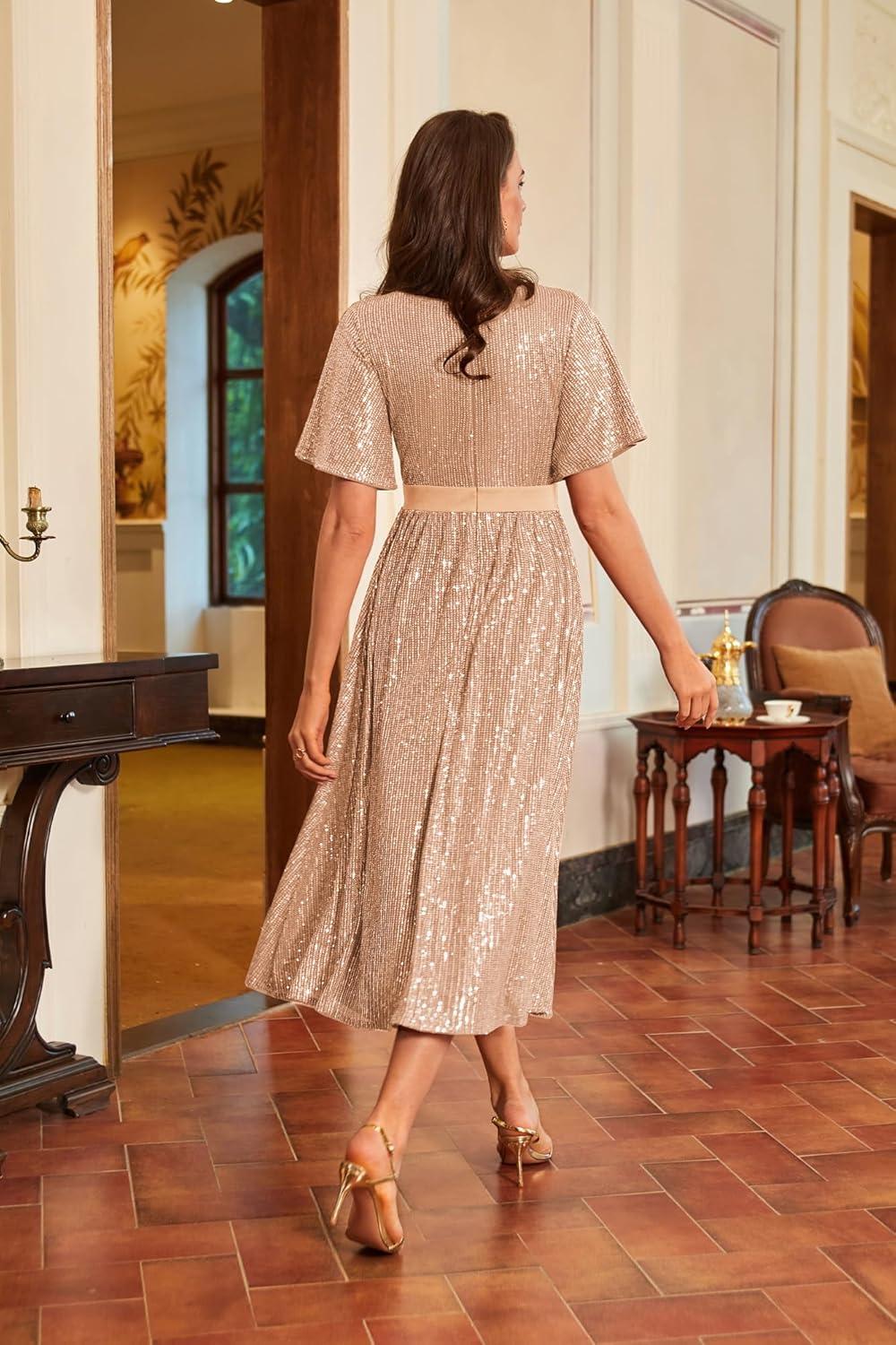 imageGRACE KARIN Womens Sequin V Neck Ruffle Sleeve Empire Waist Sparkly Glitter A Line Cocktail Formal DressesGold