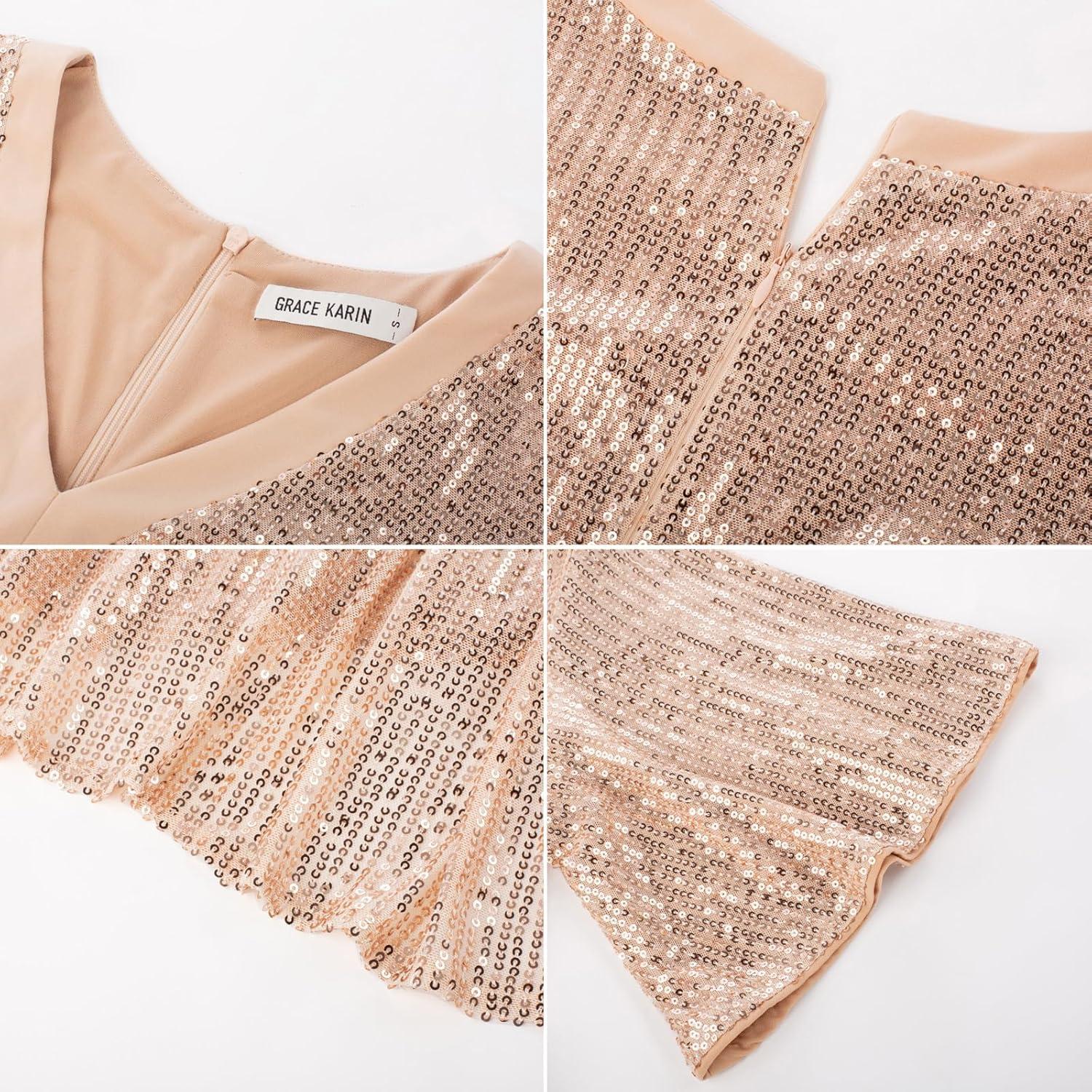 imageGRACE KARIN Womens Sequin V Neck Ruffle Sleeve Empire Waist Sparkly Glitter A Line Cocktail Formal DressesGold