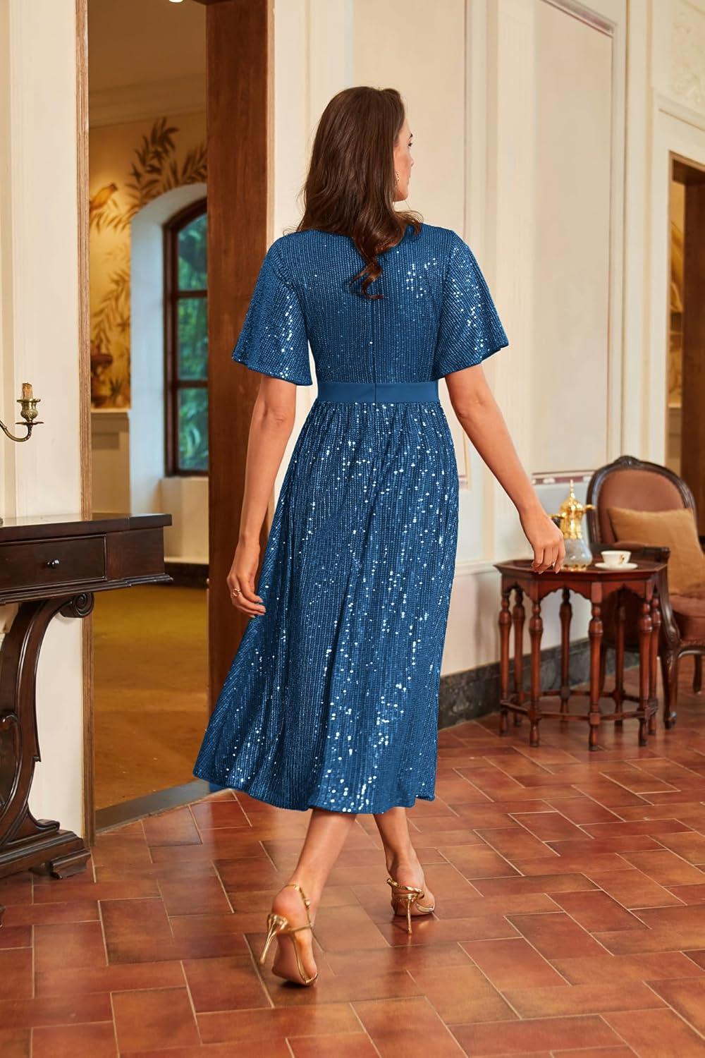 imageGRACE KARIN Womens Sequin V Neck Ruffle Sleeve Empire Waist Sparkly Glitter A Line Cocktail Formal DressesPeacock Blue