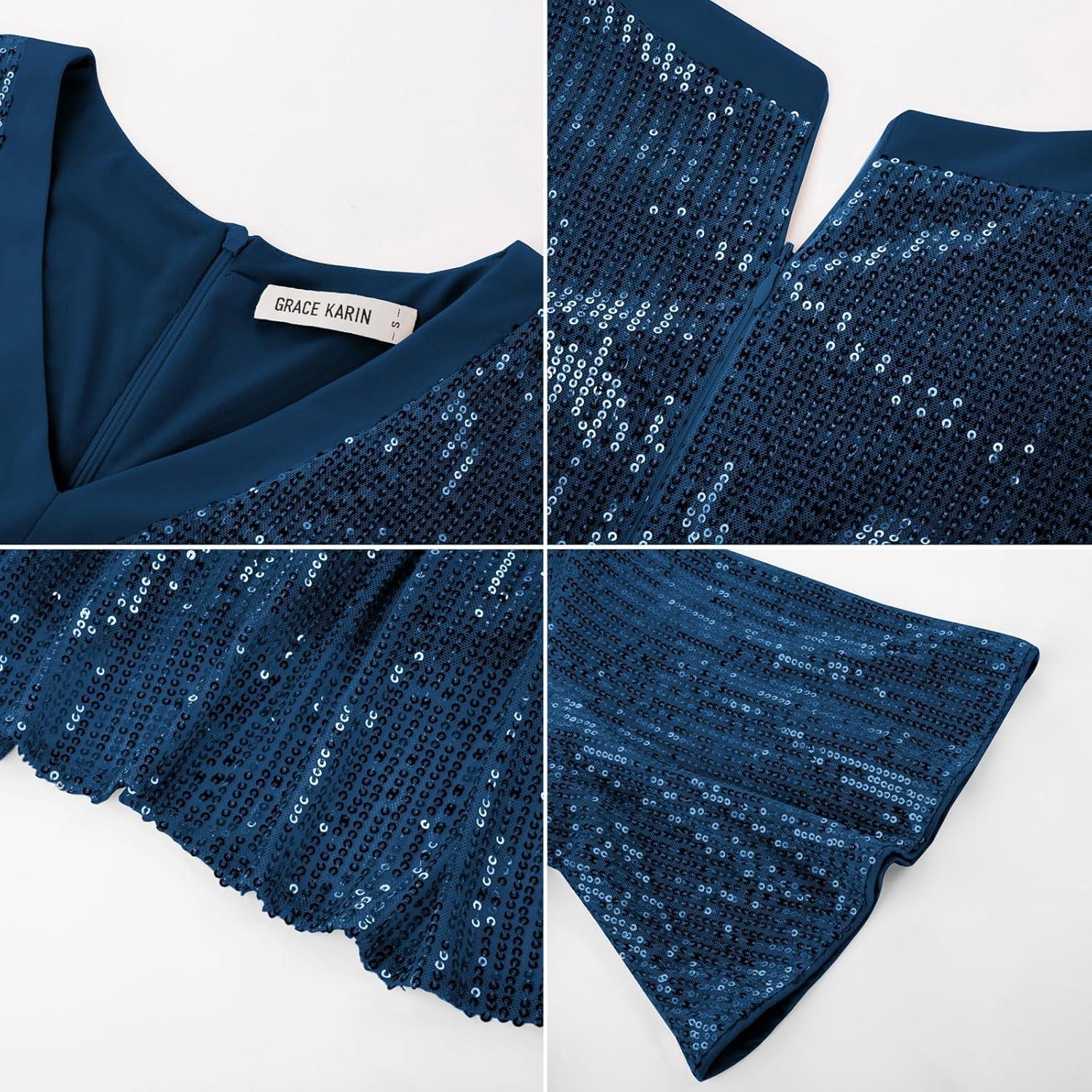 imageGRACE KARIN Womens Sequin V Neck Ruffle Sleeve Empire Waist Sparkly Glitter A Line Cocktail Formal DressesPeacock Blue