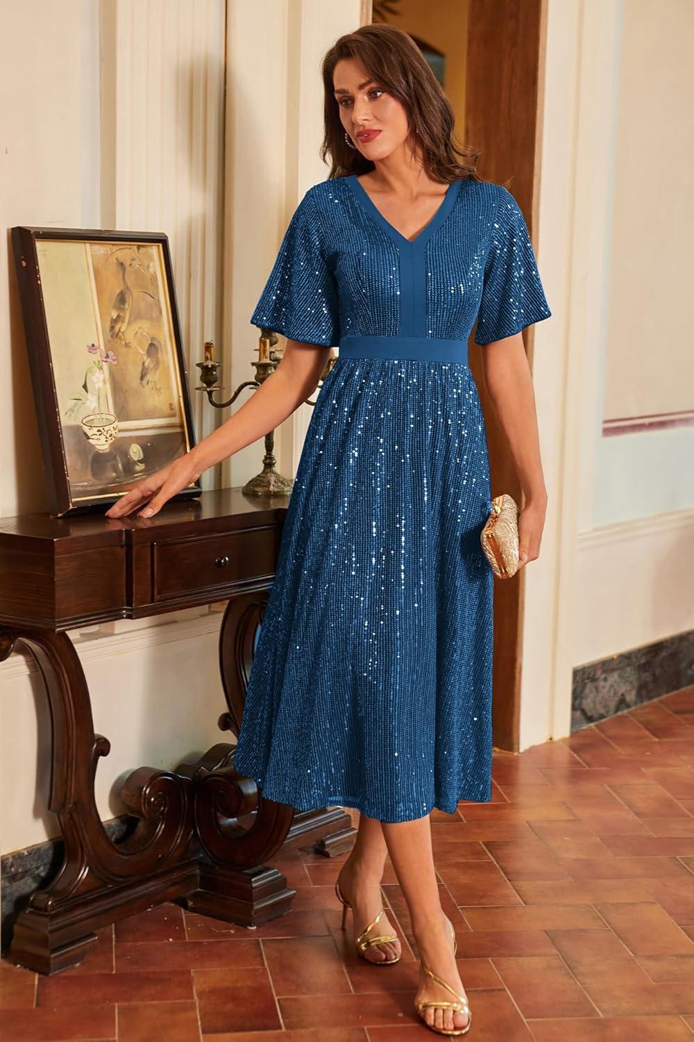 imageGRACE KARIN Womens Sequin V Neck Ruffle Sleeve Empire Waist Sparkly Glitter A Line Cocktail Formal DressesPeacock Blue