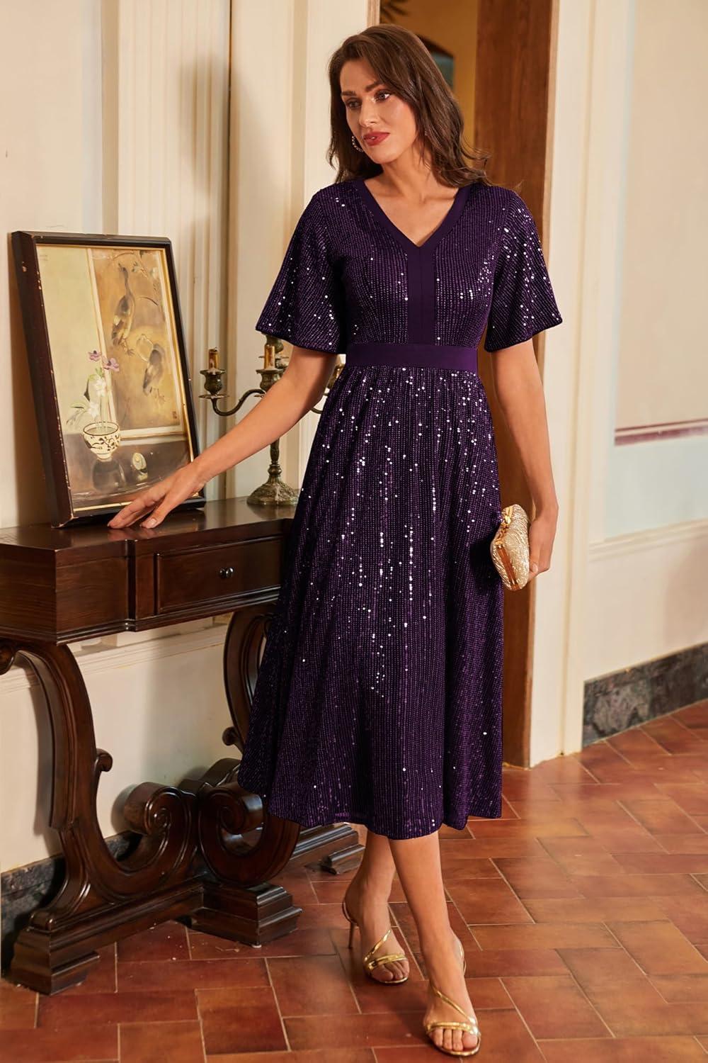 imageGRACE KARIN Womens Sequin V Neck Ruffle Sleeve Empire Waist Sparkly Glitter A Line Cocktail Formal DressesPurple