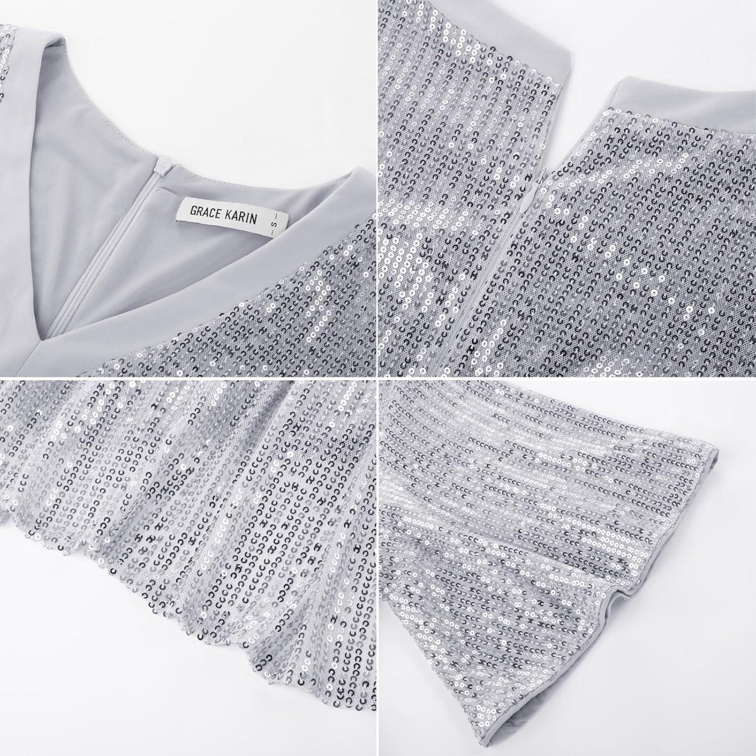imageGRACE KARIN Womens Sequin V Neck Ruffle Sleeve Empire Waist Sparkly Glitter A Line Cocktail Formal DressesSilver