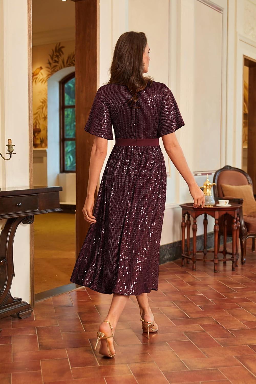 imageGRACE KARIN Womens Sequin V Neck Ruffle Sleeve Empire Waist Sparkly Glitter A Line Cocktail Formal DressesWine Red