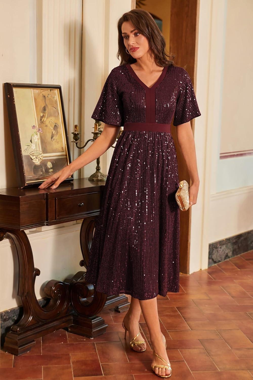 imageGRACE KARIN Womens Sequin V Neck Ruffle Sleeve Empire Waist Sparkly Glitter A Line Cocktail Formal DressesWine Red