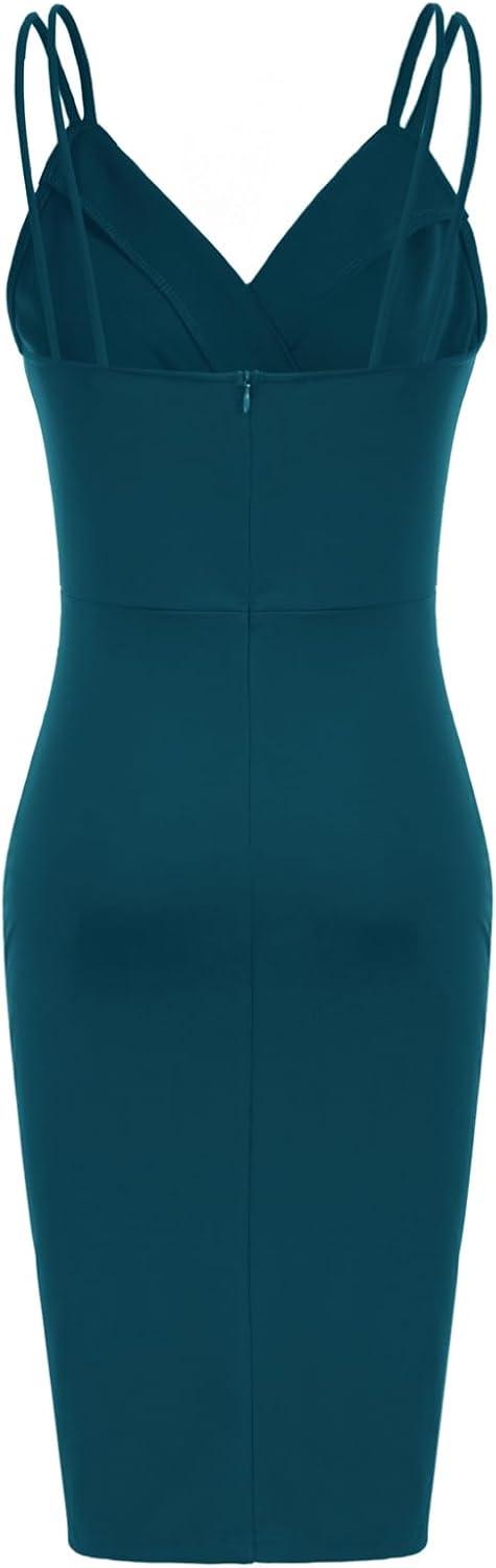 imageGRACE KARIN Womens Sexy Spaghetti Straps Cocktail Dresses for Wedding Guest Ruched VNeck Bodycon DressSolid Dark Blue Green