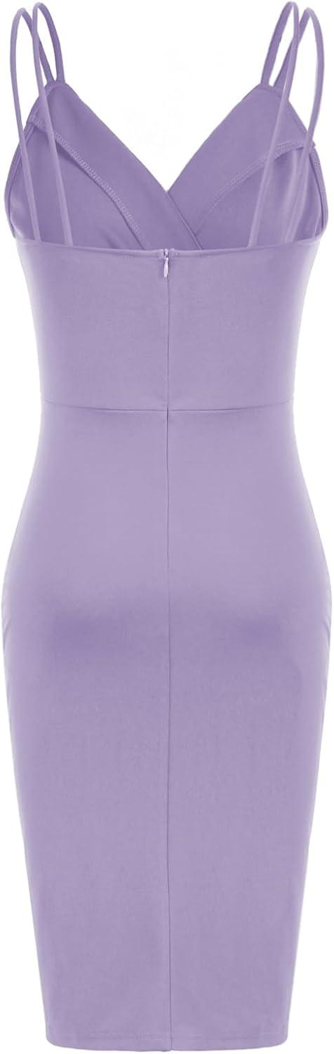 imageGRACE KARIN Womens Sexy Spaghetti Straps Cocktail Dresses for Wedding Guest Ruched VNeck Bodycon DressSolid Lilac