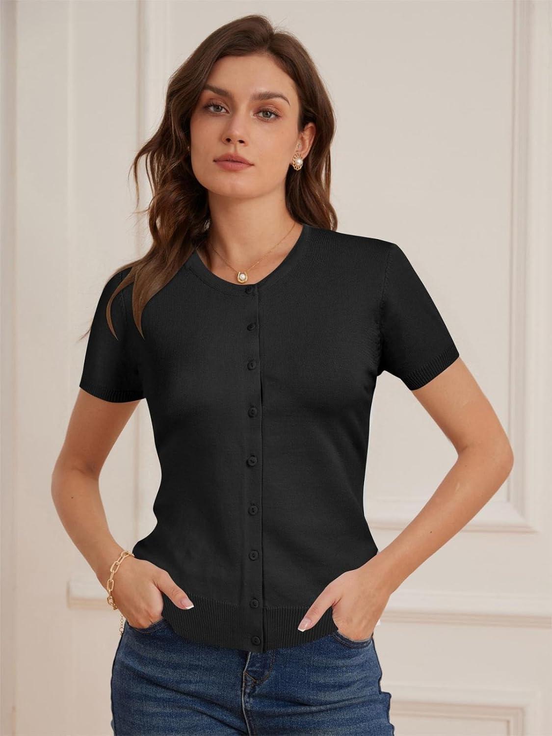 imageGRACE KARIN Womens Short Sleeve Cardigan Crewneck Basic Summer Button Down Knit Soft SweaterBlack