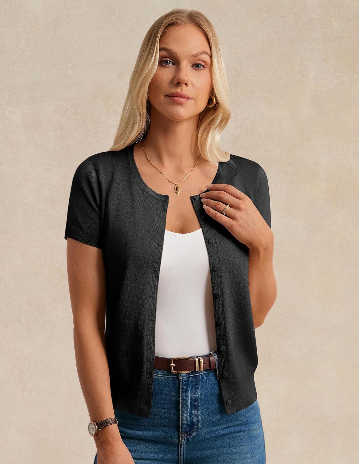 imageGRACE KARIN Womens Short Sleeve Cardigan Crewneck Basic Summer Button Down Knit Soft SweaterBlack