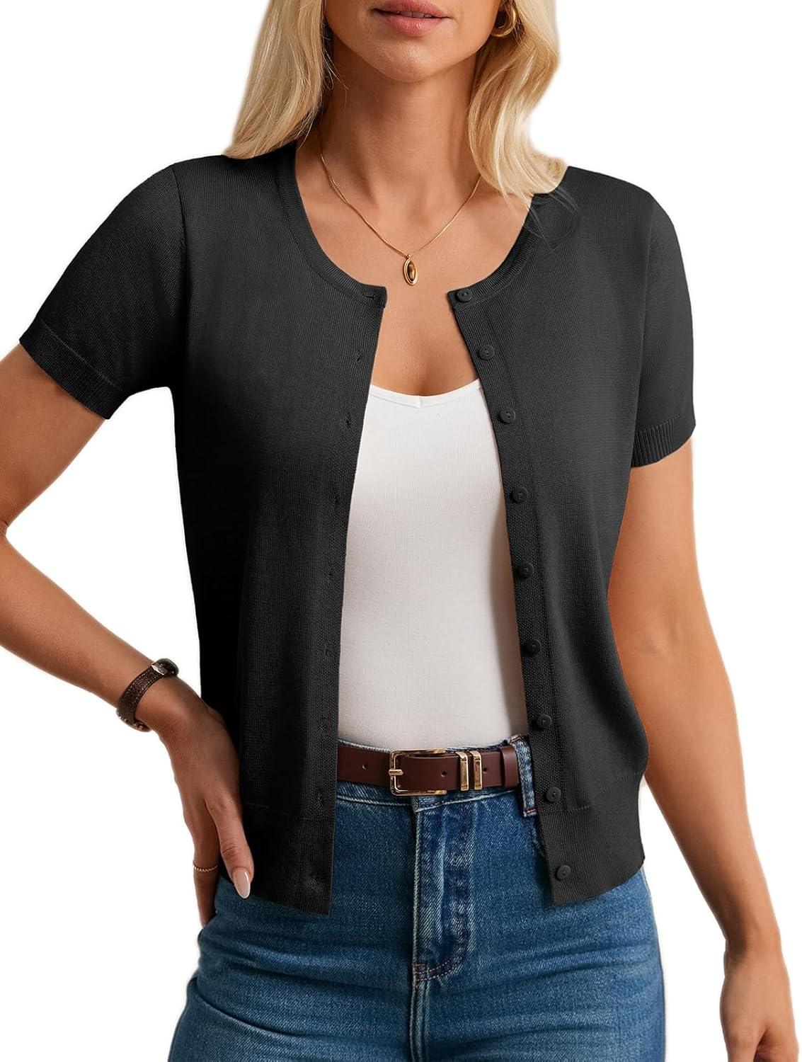 imageGRACE KARIN Womens Short Sleeve Cardigan Crewneck Basic Summer Button Down Knit Soft SweaterBlack