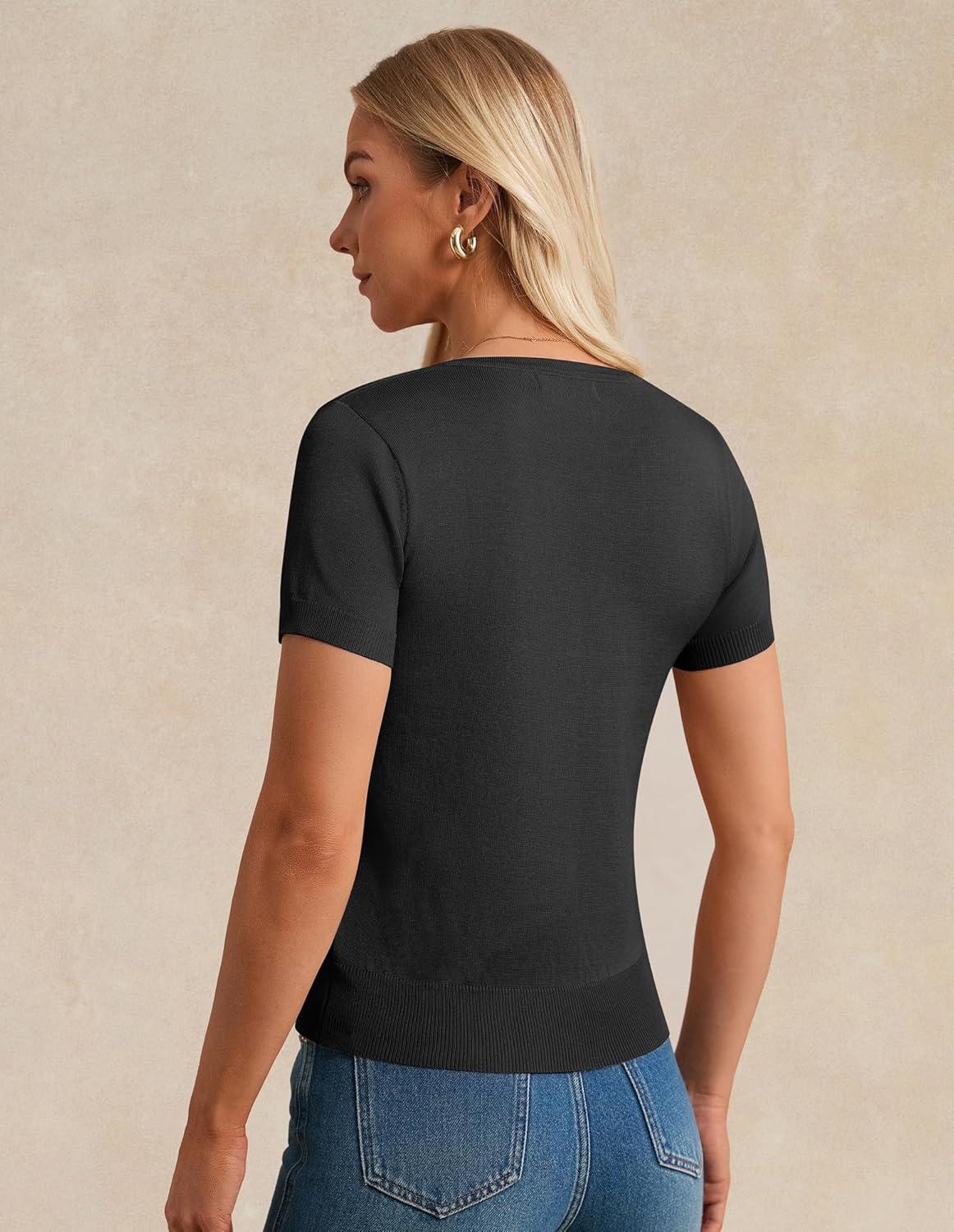 imageGRACE KARIN Womens Short Sleeve Cardigan Crewneck Basic Summer Button Down Knit Soft SweaterBlack
