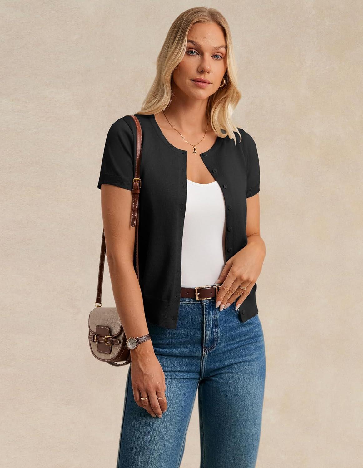 imageGRACE KARIN Womens Short Sleeve Cardigan Crewneck Basic Summer Button Down Knit Soft SweaterBlack