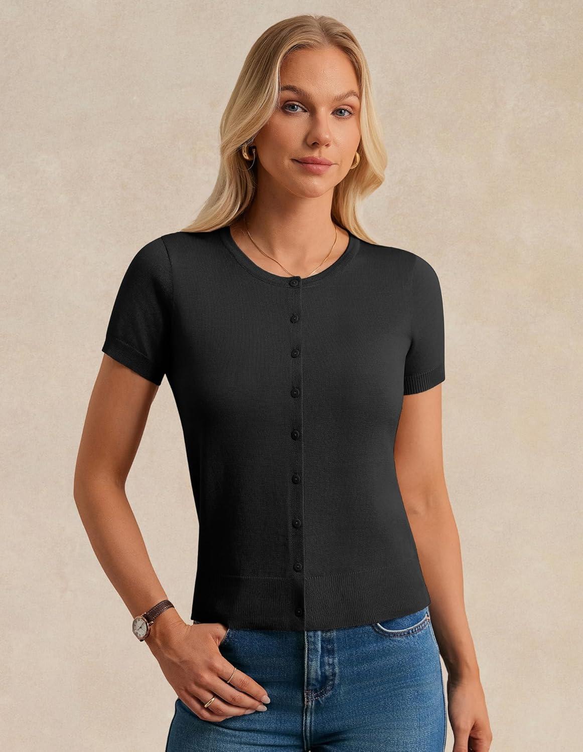 imageGRACE KARIN Womens Short Sleeve Cardigan Crewneck Basic Summer Button Down Knit Soft SweaterBlack