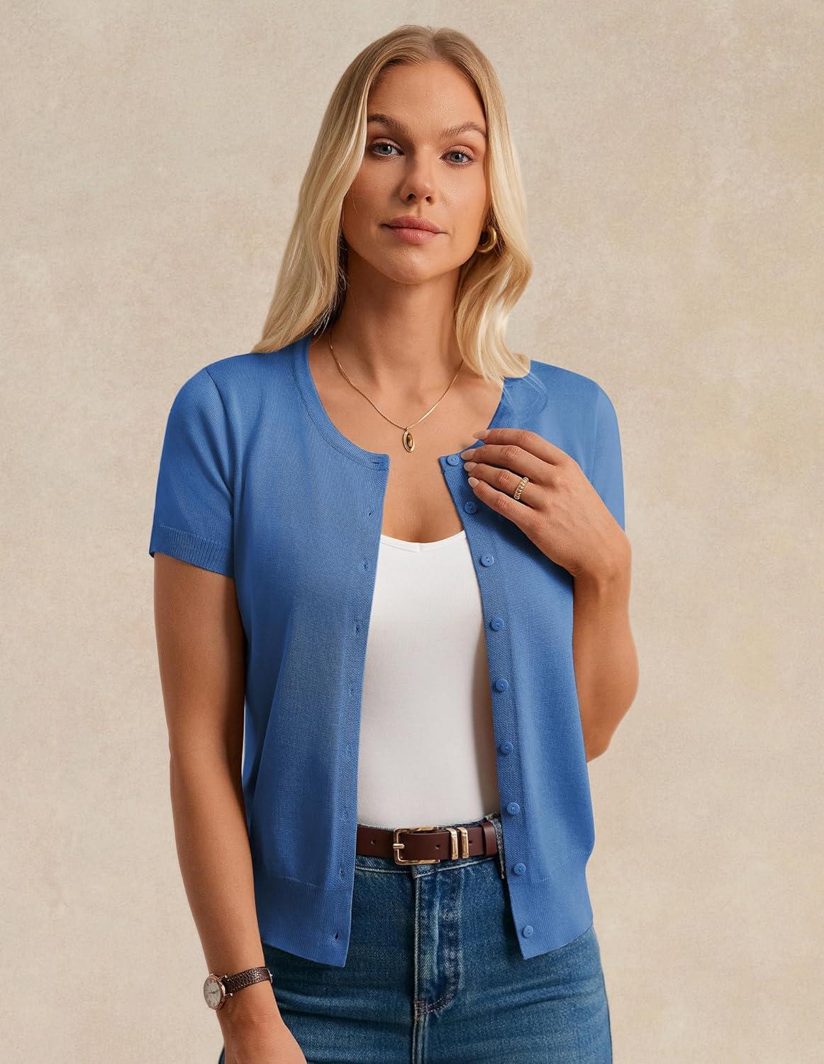 imageGRACE KARIN Womens Short Sleeve Cardigan Crewneck Basic Summer Button Down Knit Soft SweaterBlue