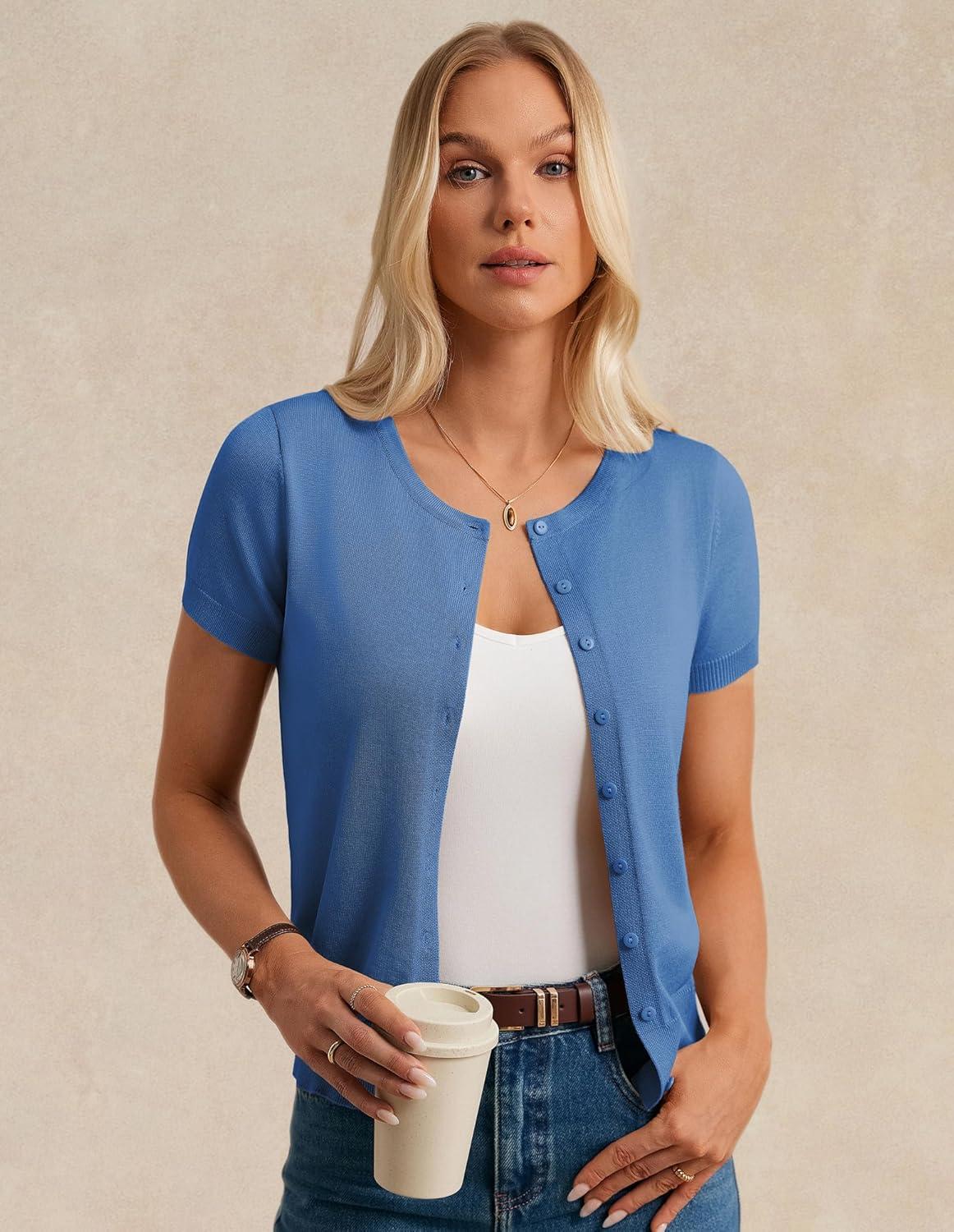 imageGRACE KARIN Womens Short Sleeve Cardigan Crewneck Basic Summer Button Down Knit Soft SweaterBlue