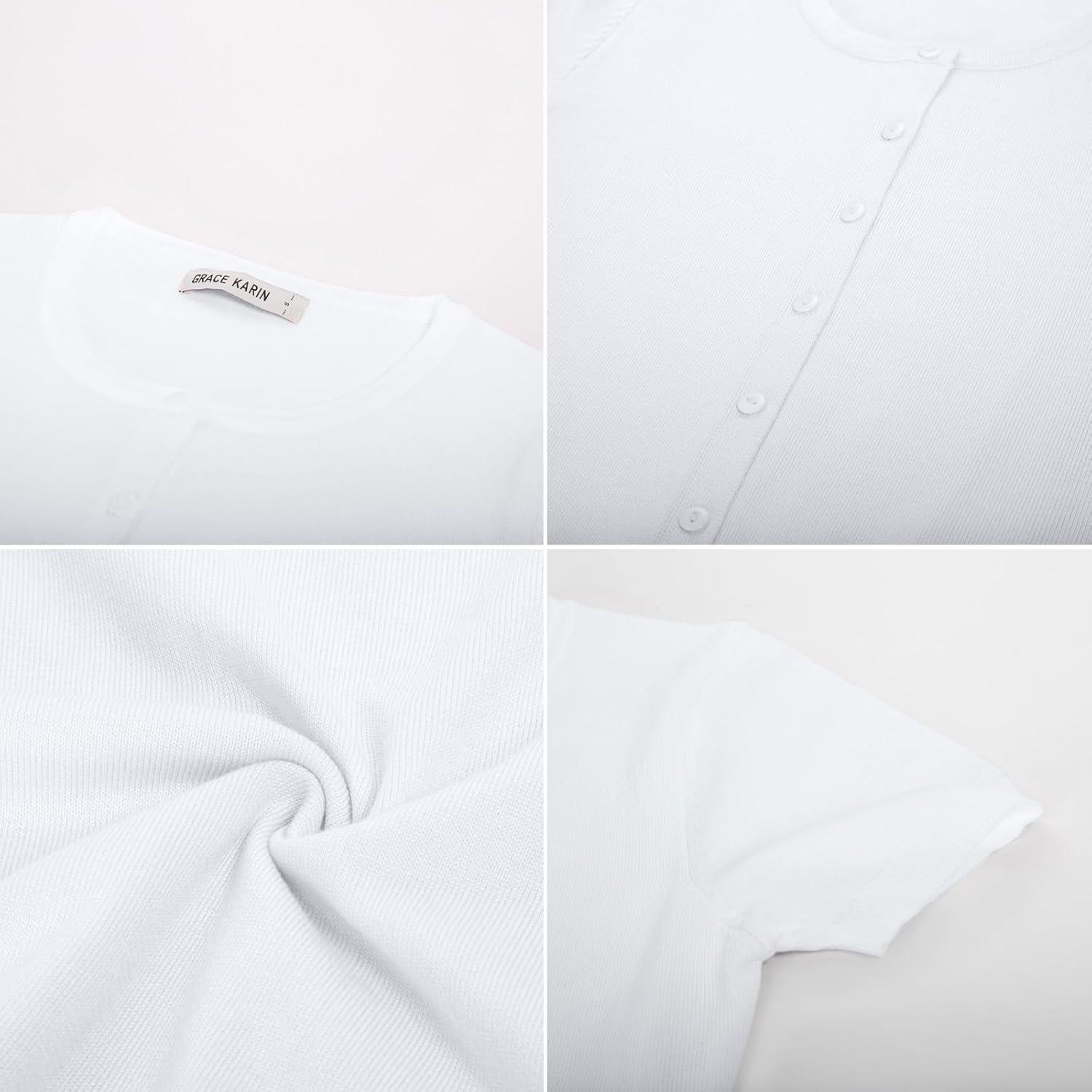 imageGRACE KARIN Womens Short Sleeve Cardigan Crewneck Basic Summer Button Down Knit Soft SweaterBright White