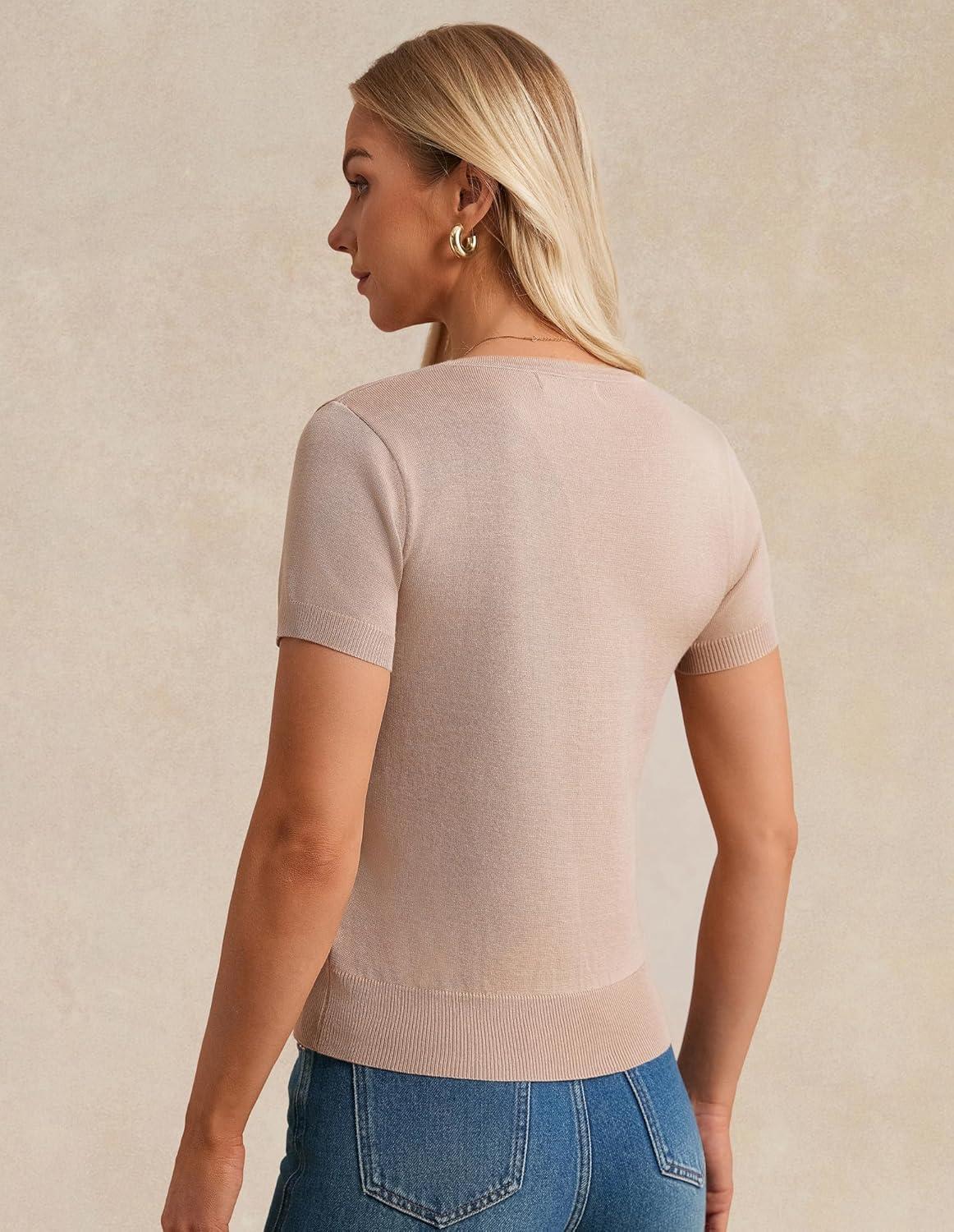 imageGRACE KARIN Womens Short Sleeve Cardigan Crewneck Basic Summer Button Down Knit Soft SweaterKhaki