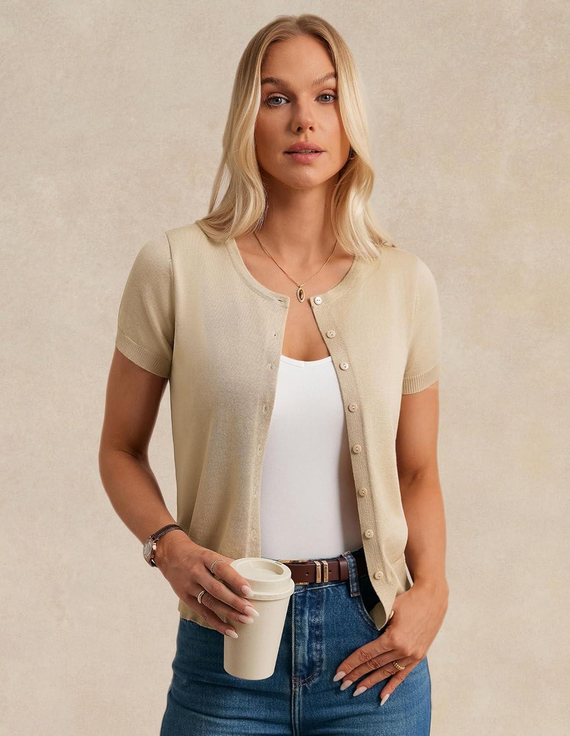 imageGRACE KARIN Womens Short Sleeve Cardigan Crewneck Basic Summer Button Down Knit Soft SweaterLight Apricot