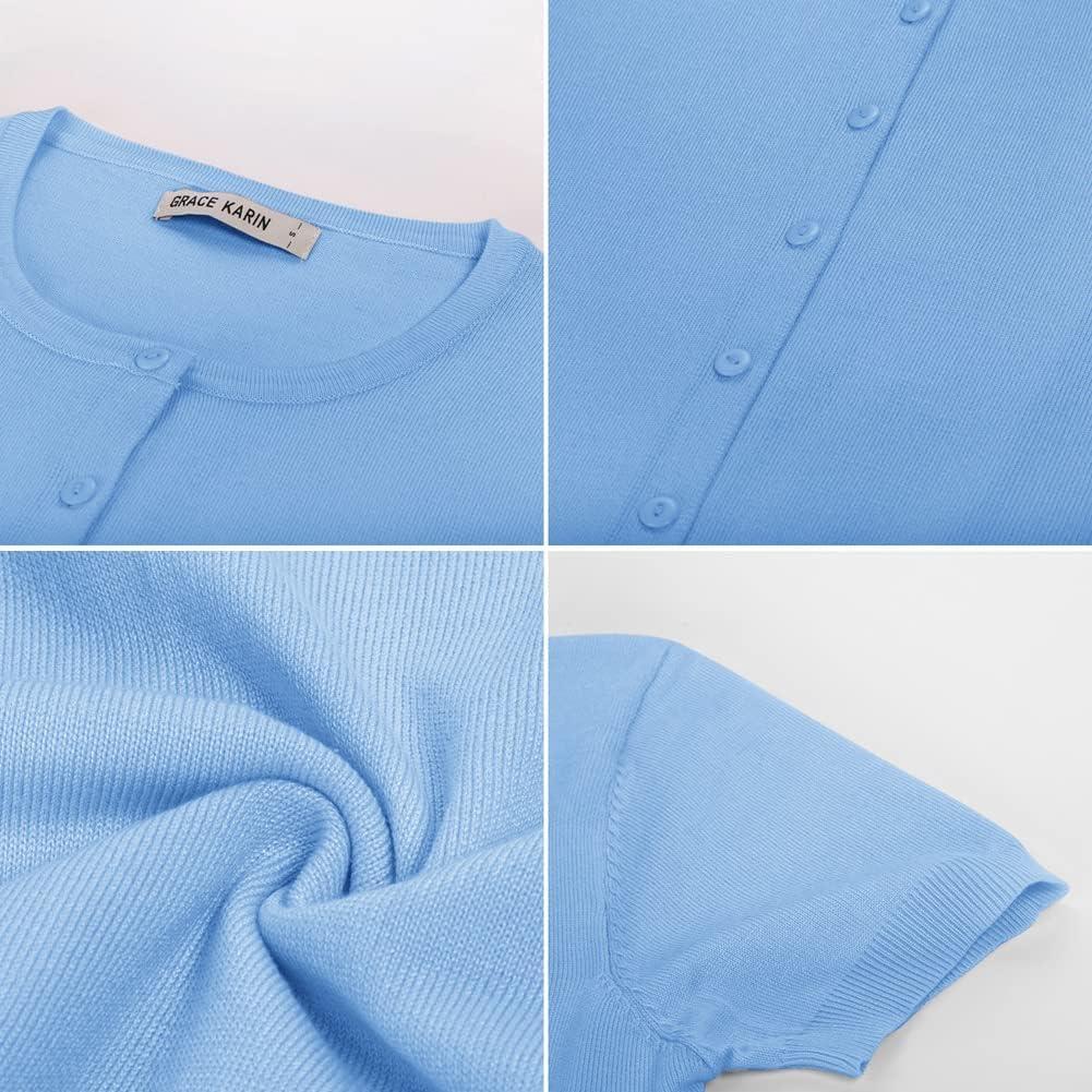 imageGRACE KARIN Womens Short Sleeve Cardigan Crewneck Basic Summer Button Down Knit Soft SweaterLight Blue