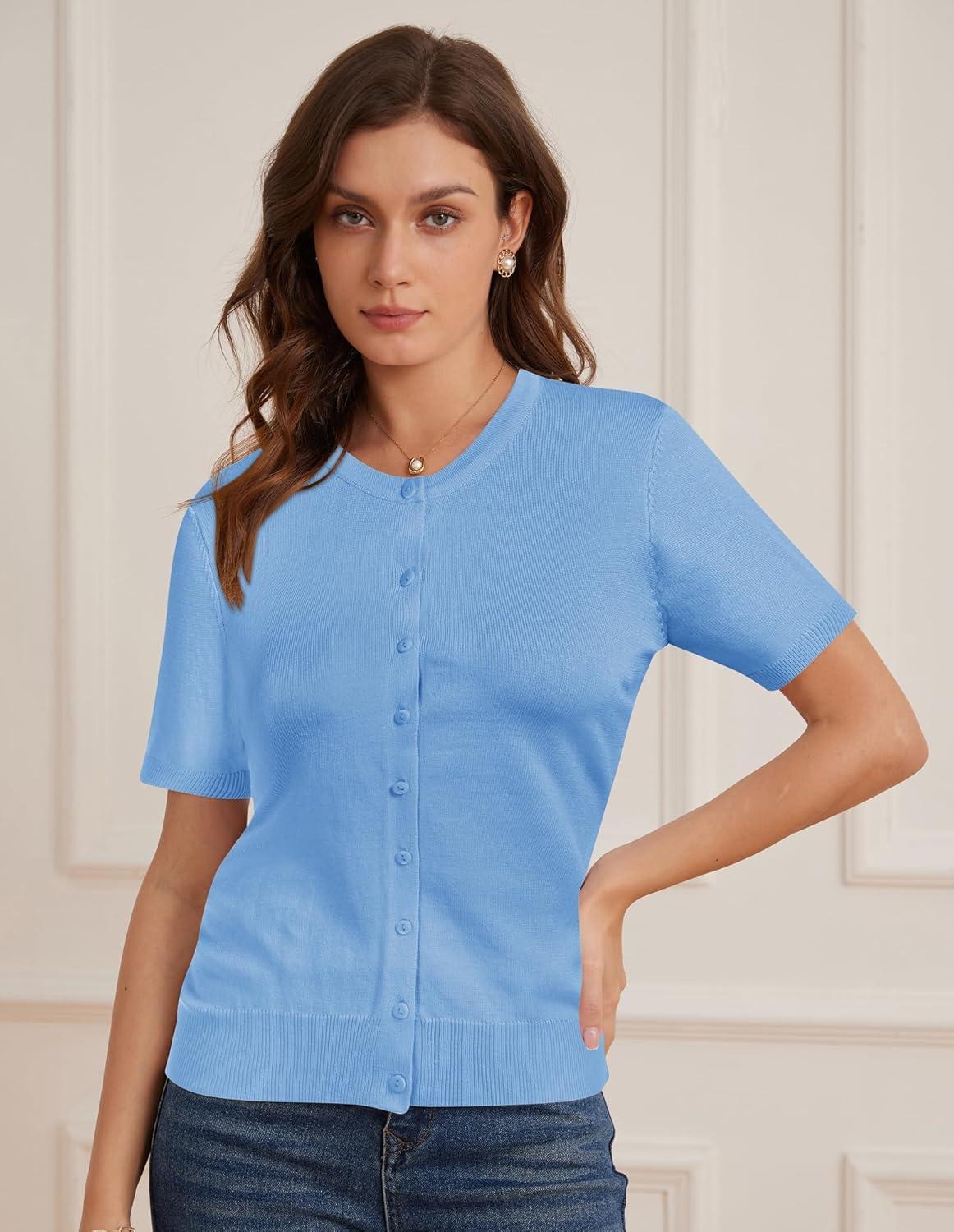 imageGRACE KARIN Womens Short Sleeve Cardigan Crewneck Basic Summer Button Down Knit Soft SweaterLight Blue
